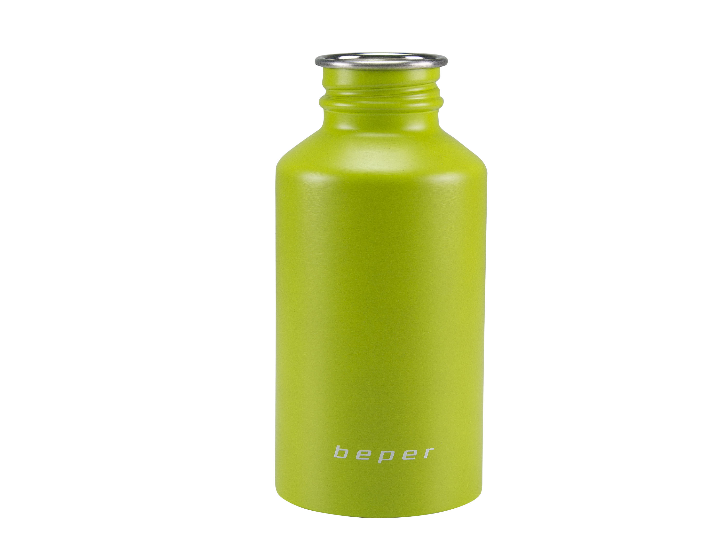 Una borraccia verde brillante con tappo argentato su sfondo bianco.