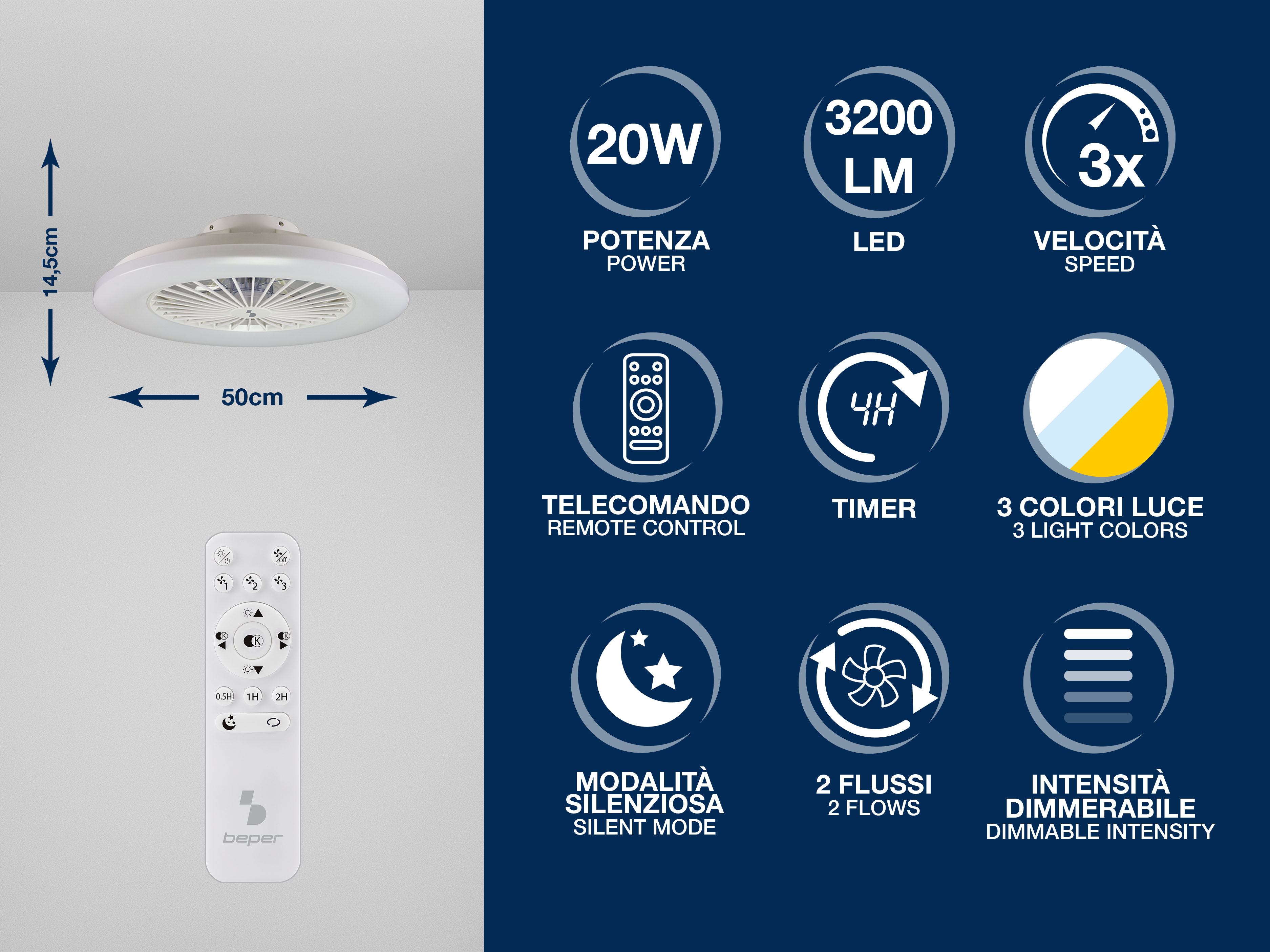Ventilatore da soffitto con luce: 20W, 3200lm, 3 colori luce, telecomando, timer.