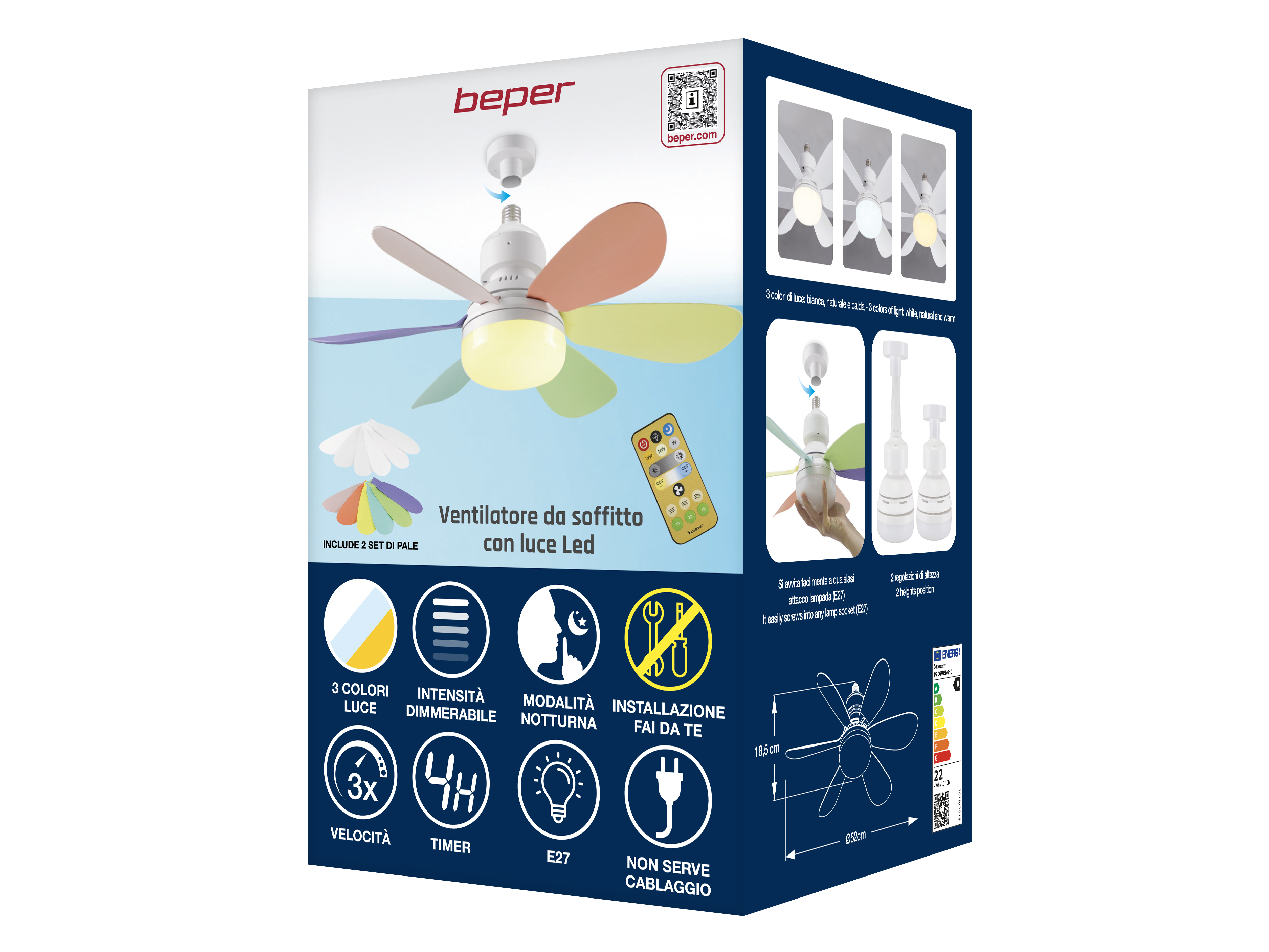 Ventilatore da soffitto Beper con luce LED, 3 colori, intensità dimmerabile, modalità notturna.