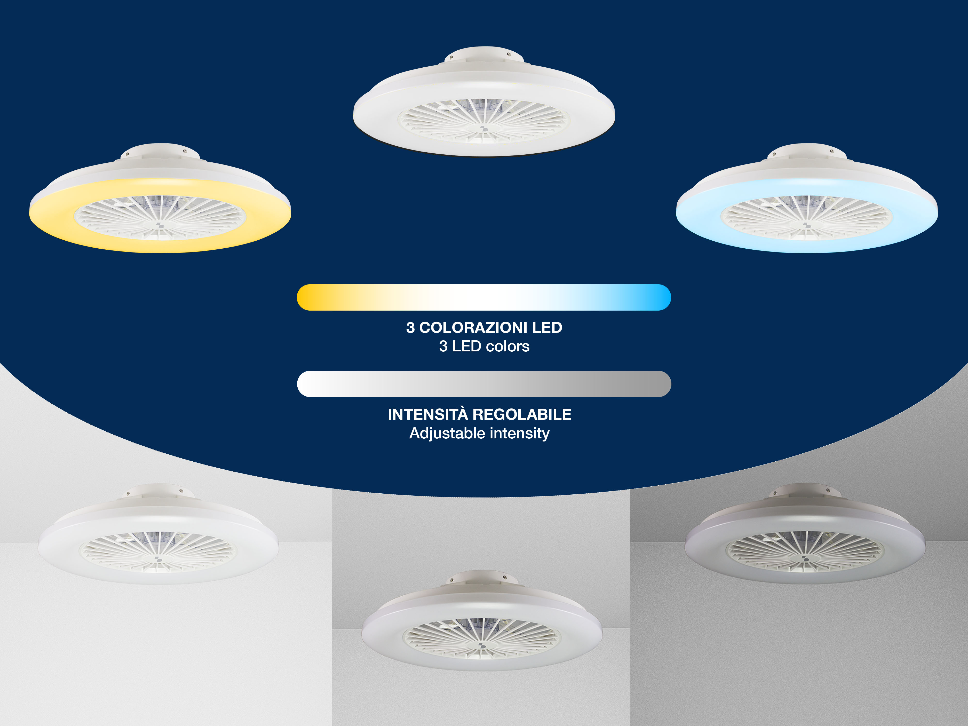 Ventilatore da soffitto con illuminazione LED regolabile gialla e blu.