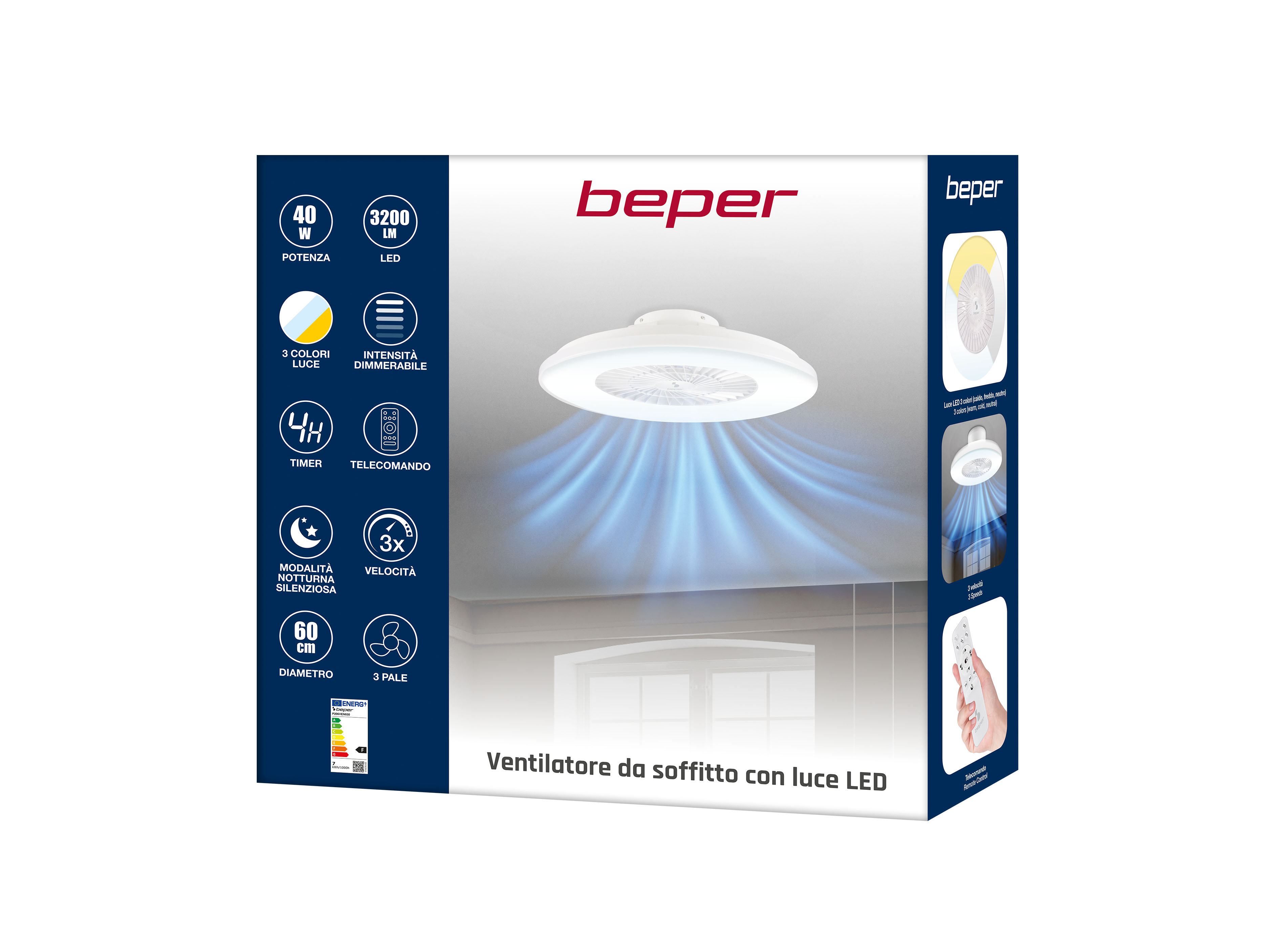 Una lampada ventilatore da soffitto bianca con telecomando e flusso d'aria blu.