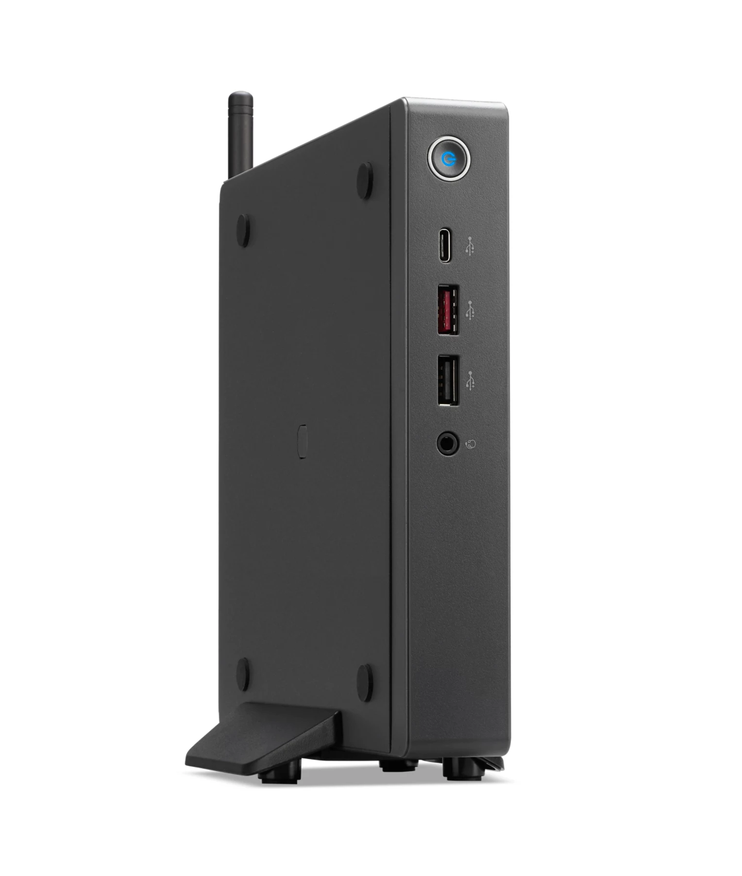 Un mini PC nero con porte USB e un'antenna.