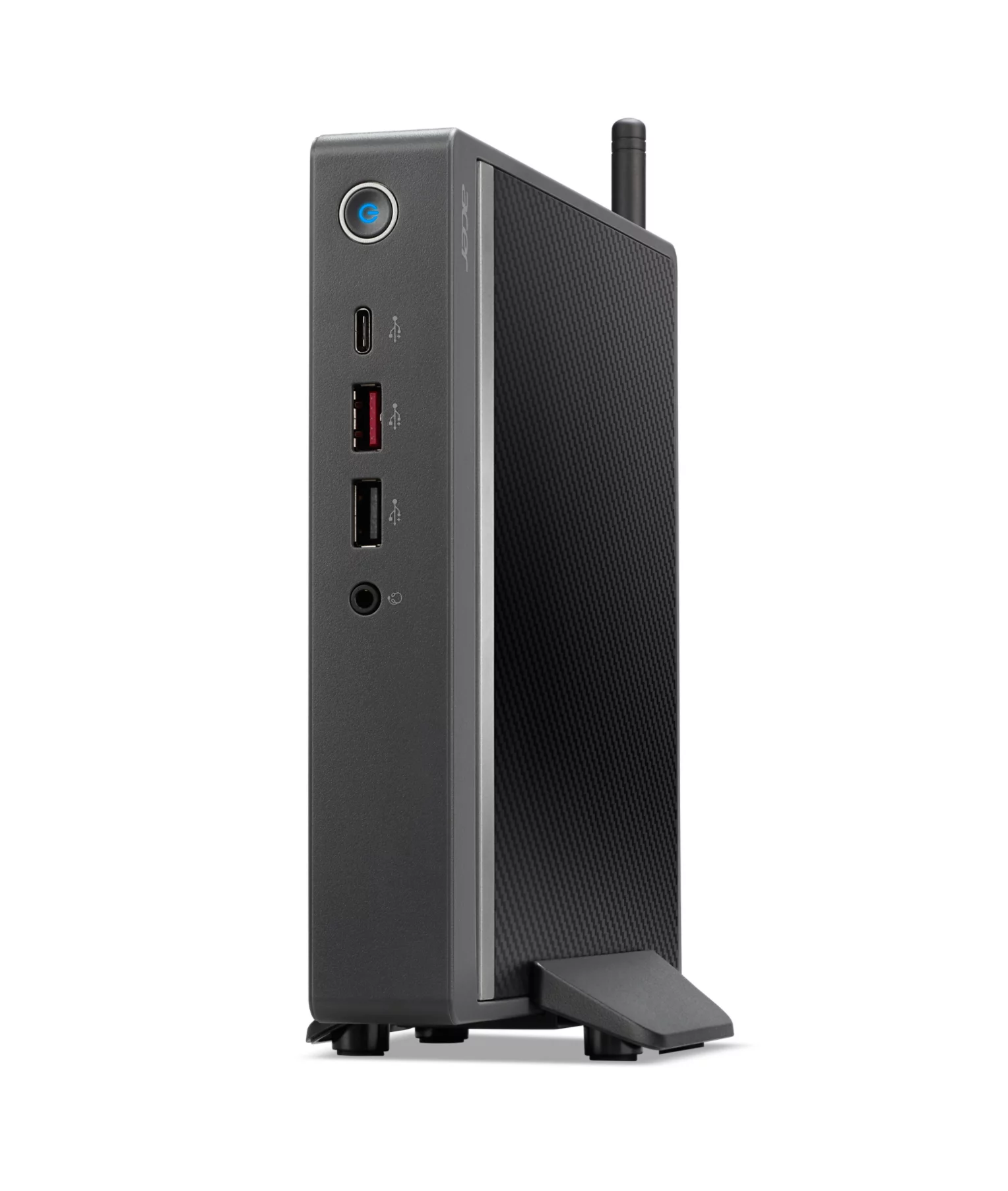 Un mini PC Acer nero con pulsante di accensione, porte USB e antenna.