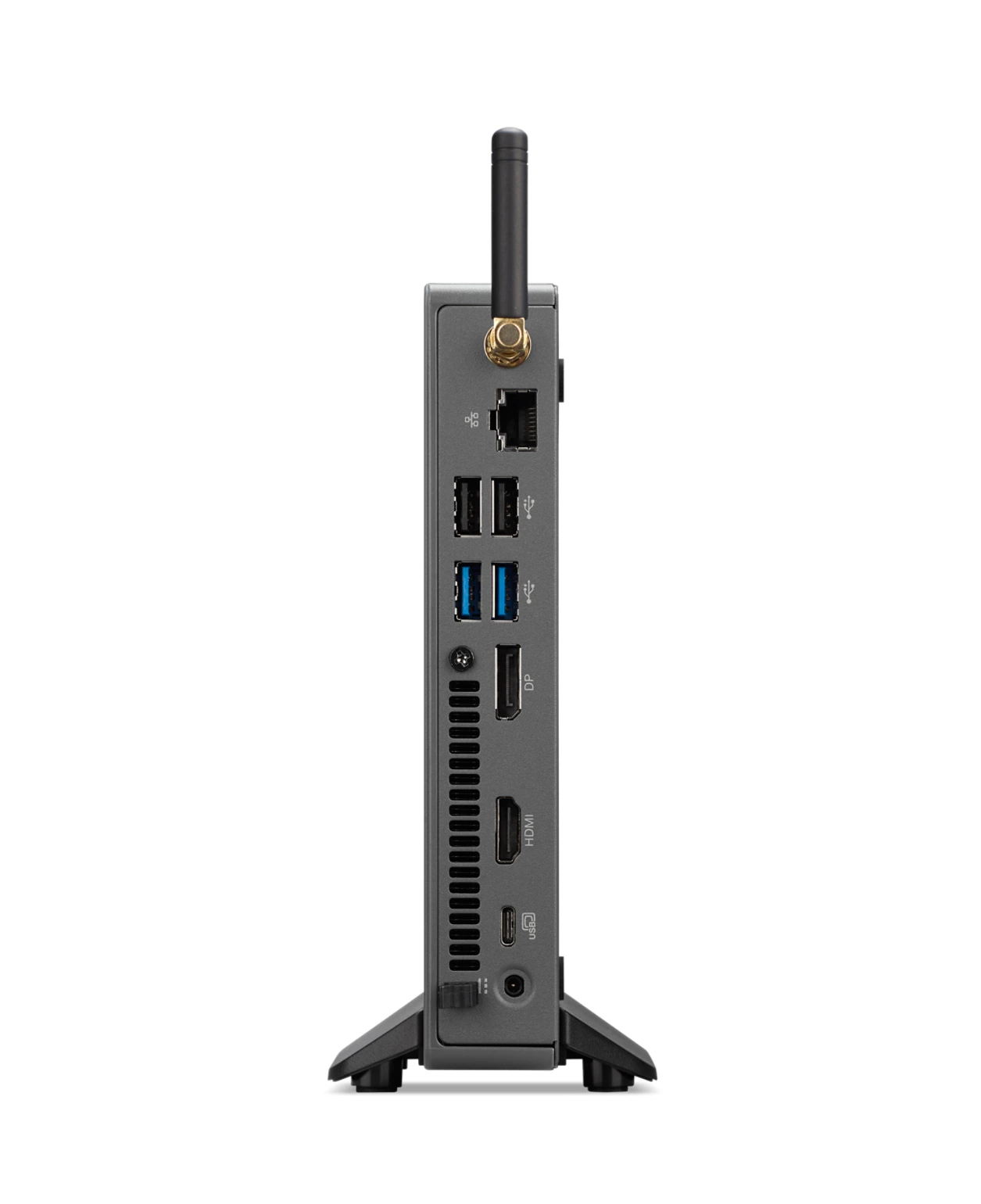 Un mini PC grigio con antenna, porte USB, Ethernet, DP e HDMI.