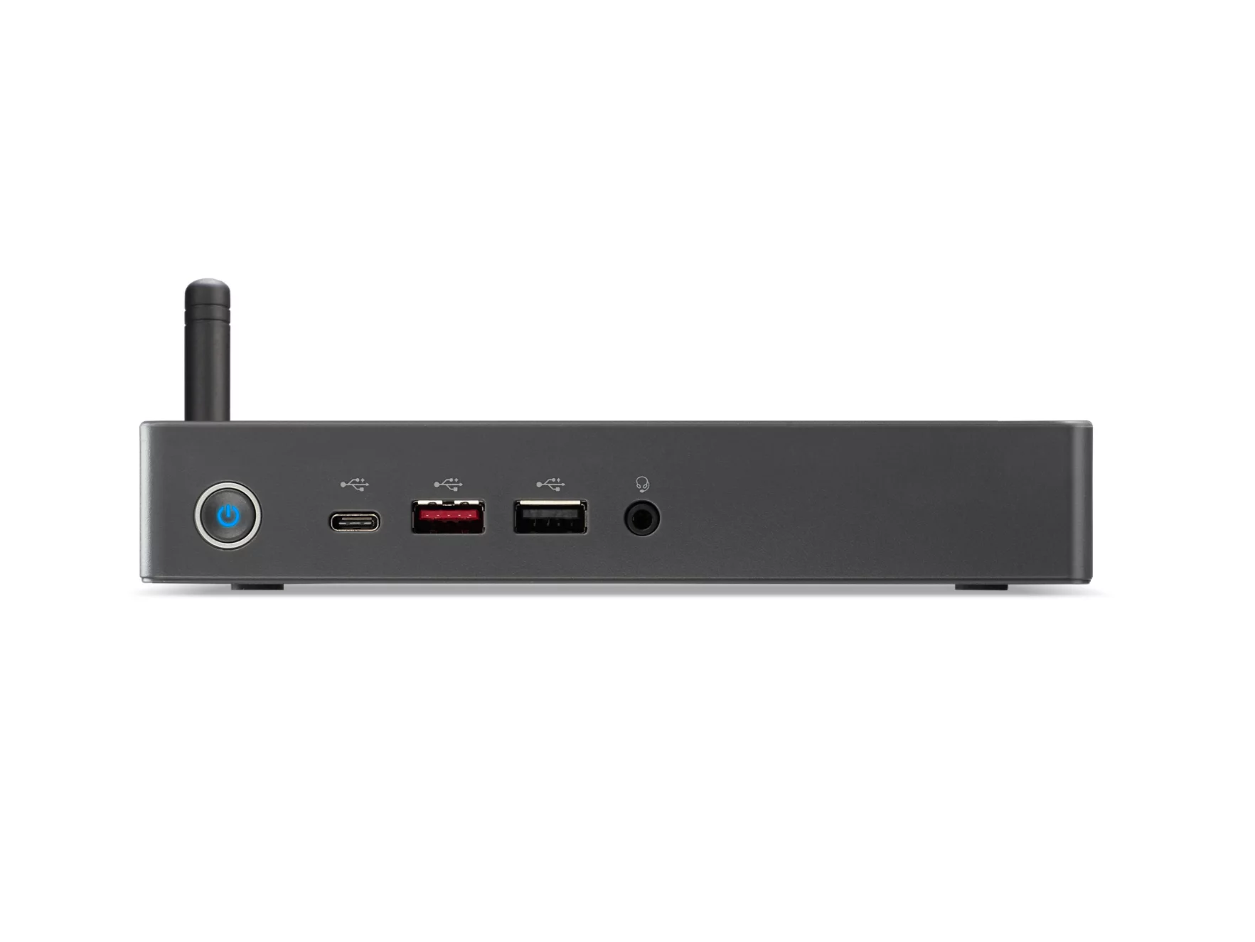 Un mini PC grigio con antenna, pulsante di accensione, USB-C, USB-A e jack per cuffie.