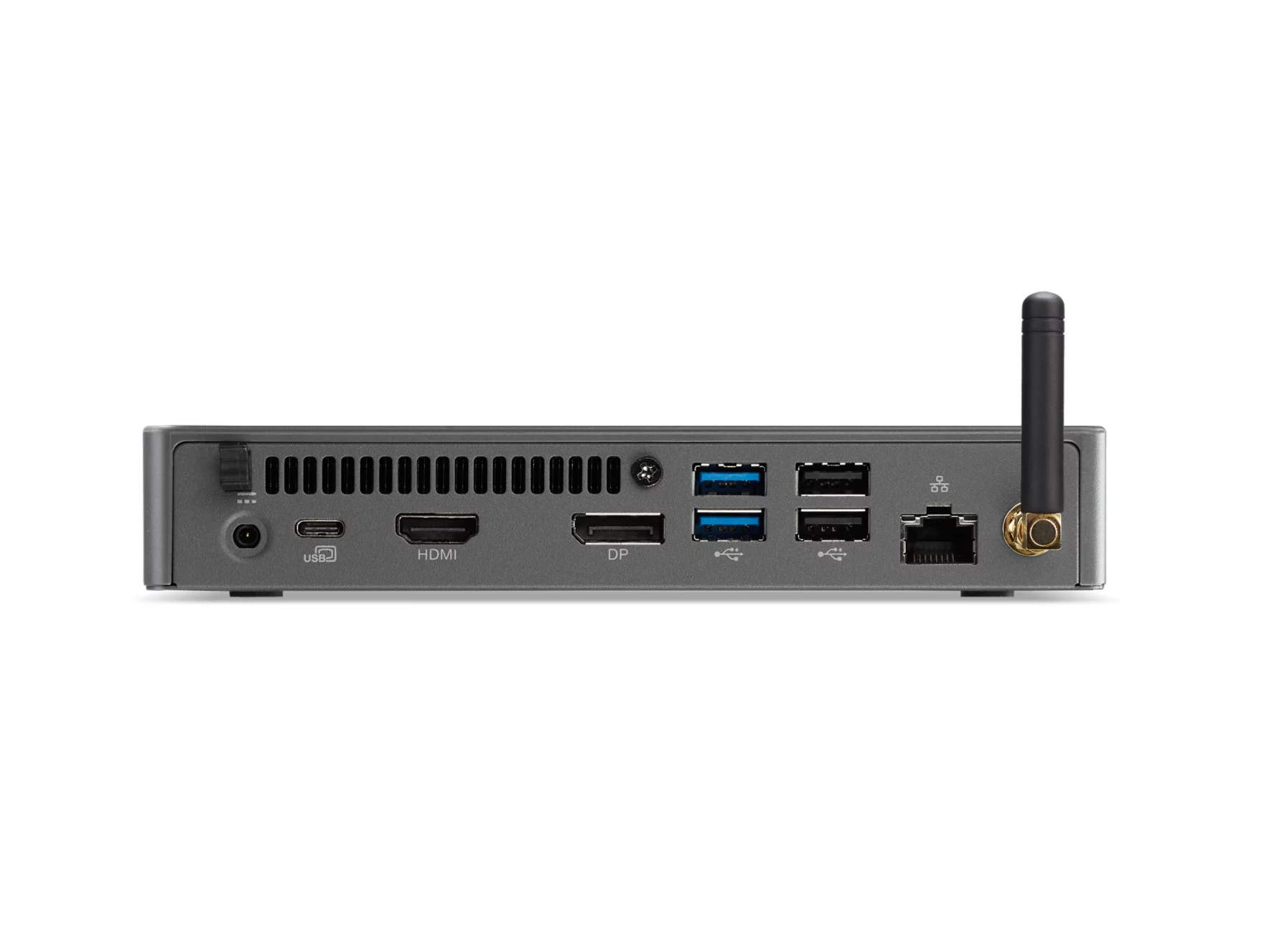 Vista posteriore di un mini PC grigio con porte USB, HDMI, DP e antenna.