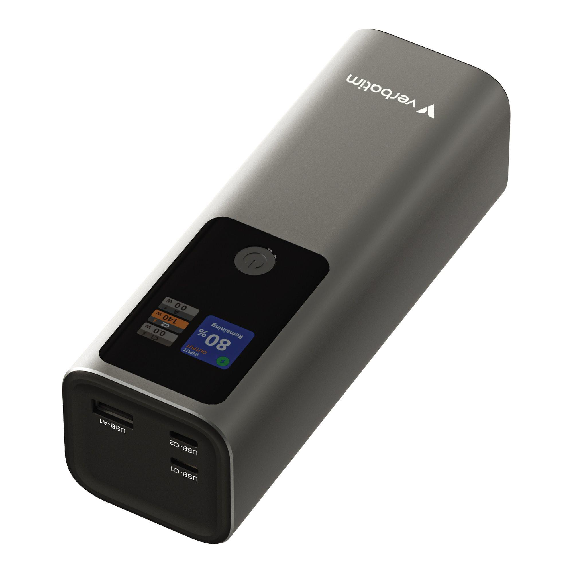 Grijze Verbatim powerbank met USB-A1, USB-C1, USB-C2 poorten en 80% batterij.