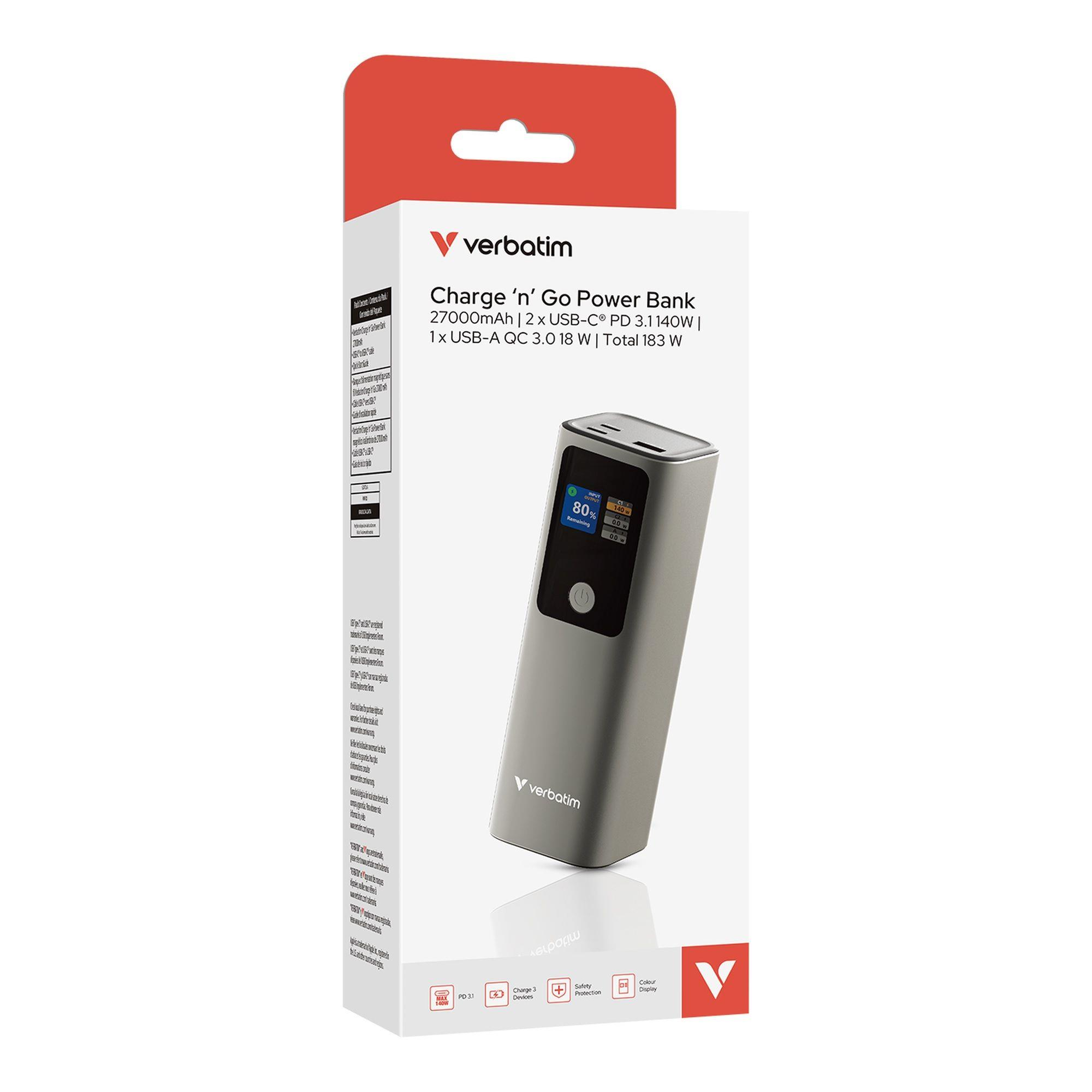 Verbatim powerbank met display, 2x USB-C, 1x USB-A, 27000mAh, 183W.