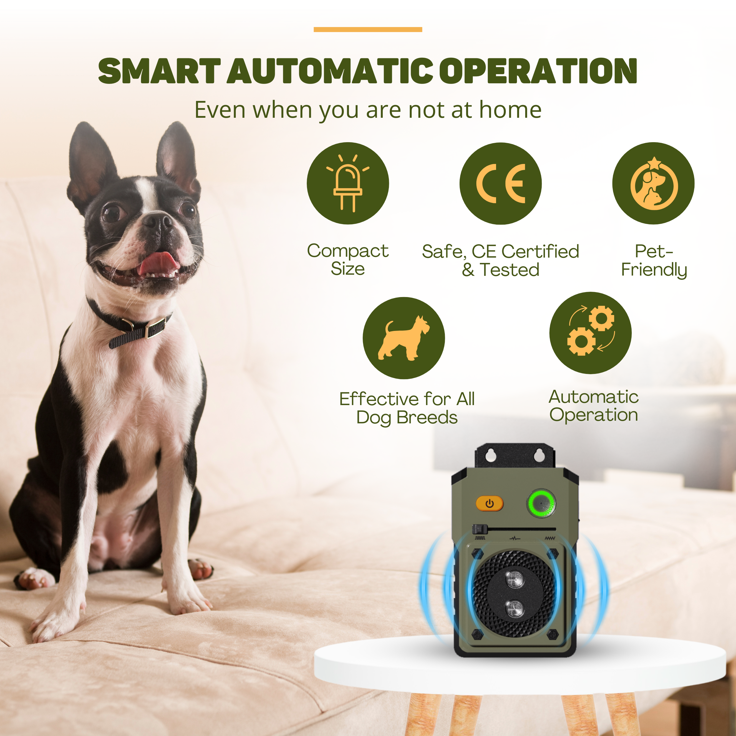 Ein Boston Terrier sitzt auf einem Sofa neben einem Futterautomaten. Mehrere Icons sind zu sehen.