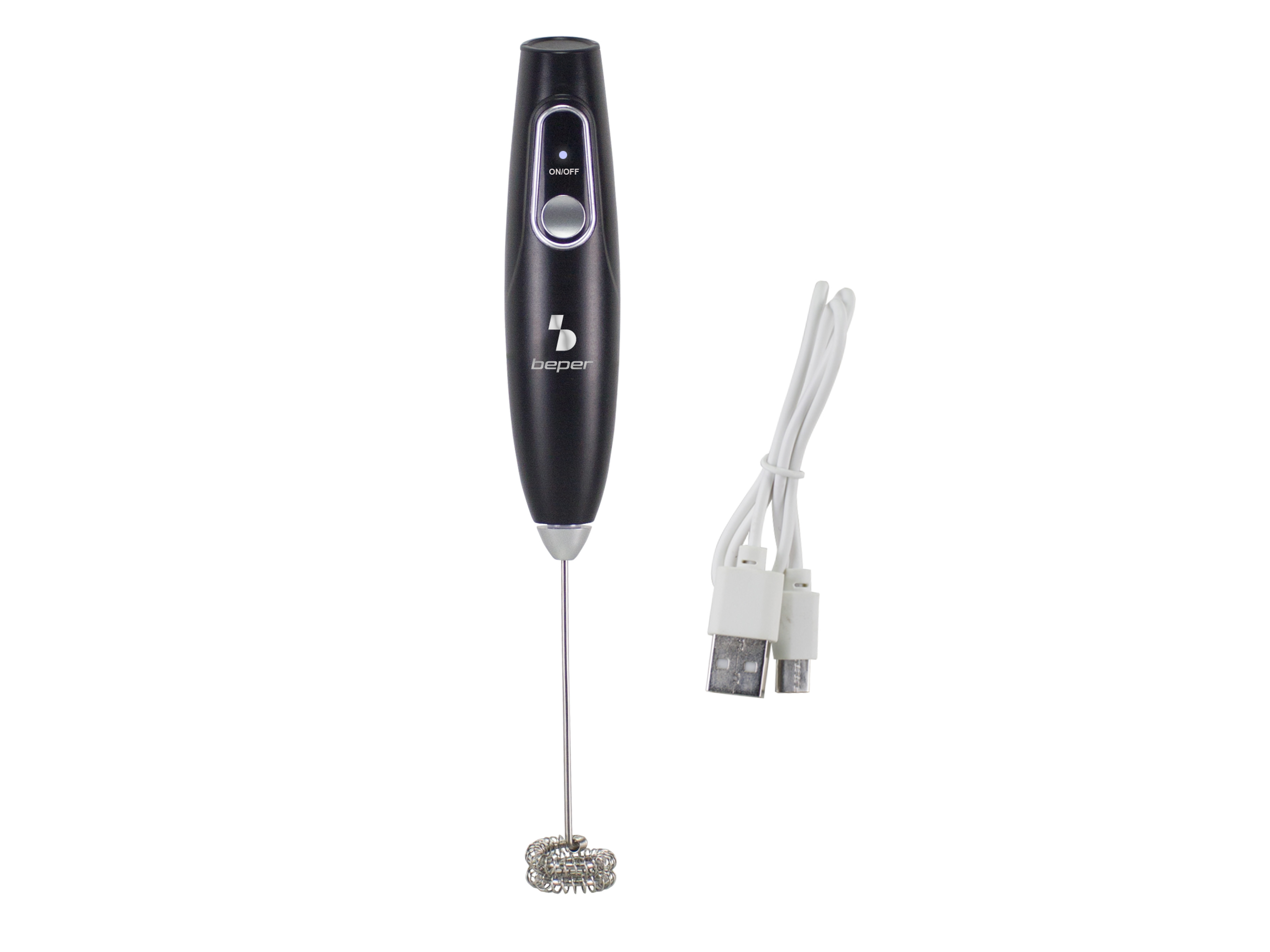 Un montalatte nero con cavo USB e frusta argentata.