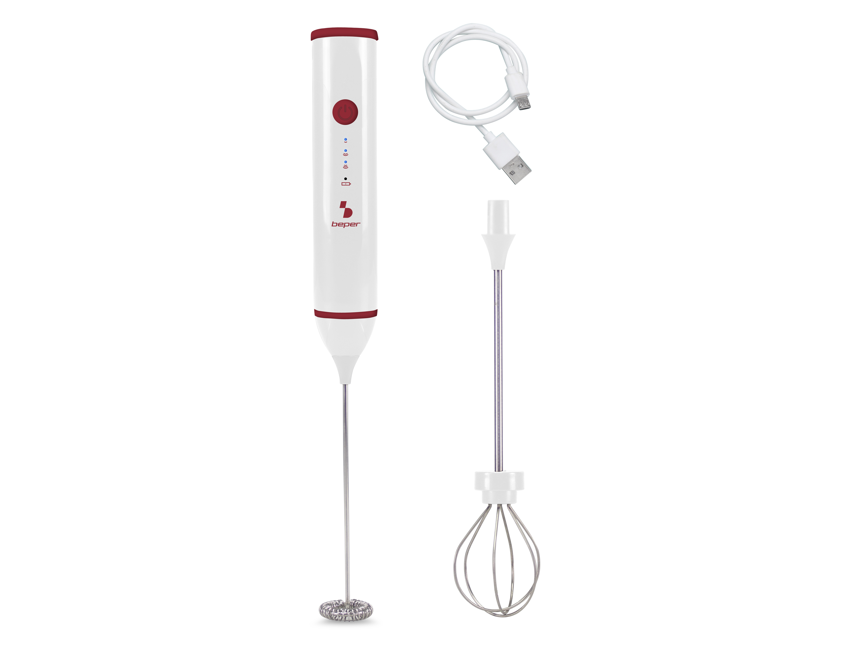 Un frustino bianco con accenti rossi, cavo USB e due accessori.
