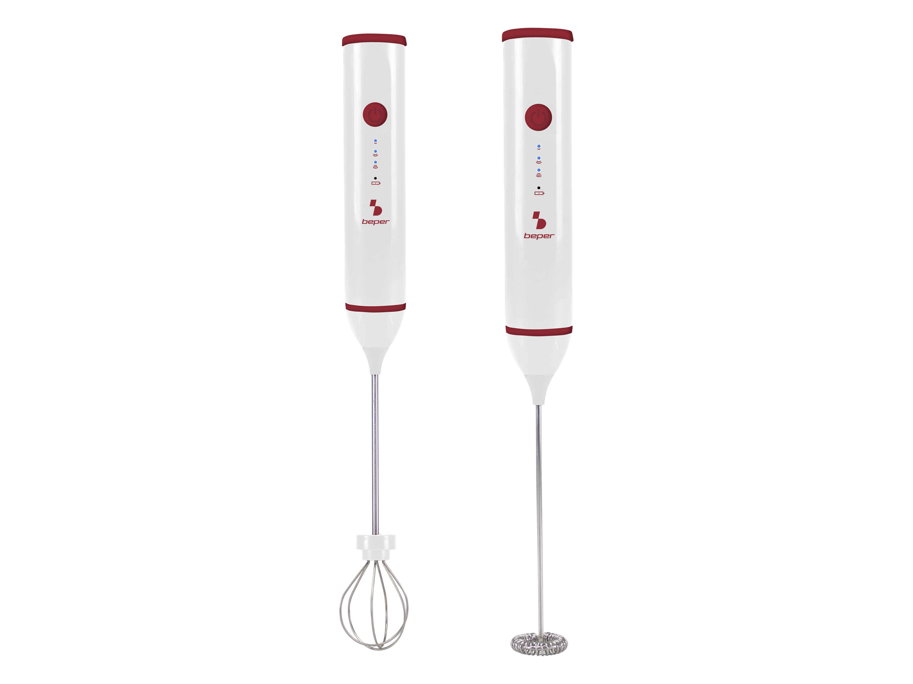 Due fruste elettriche bianche con accenti rossi e accessori argentati.