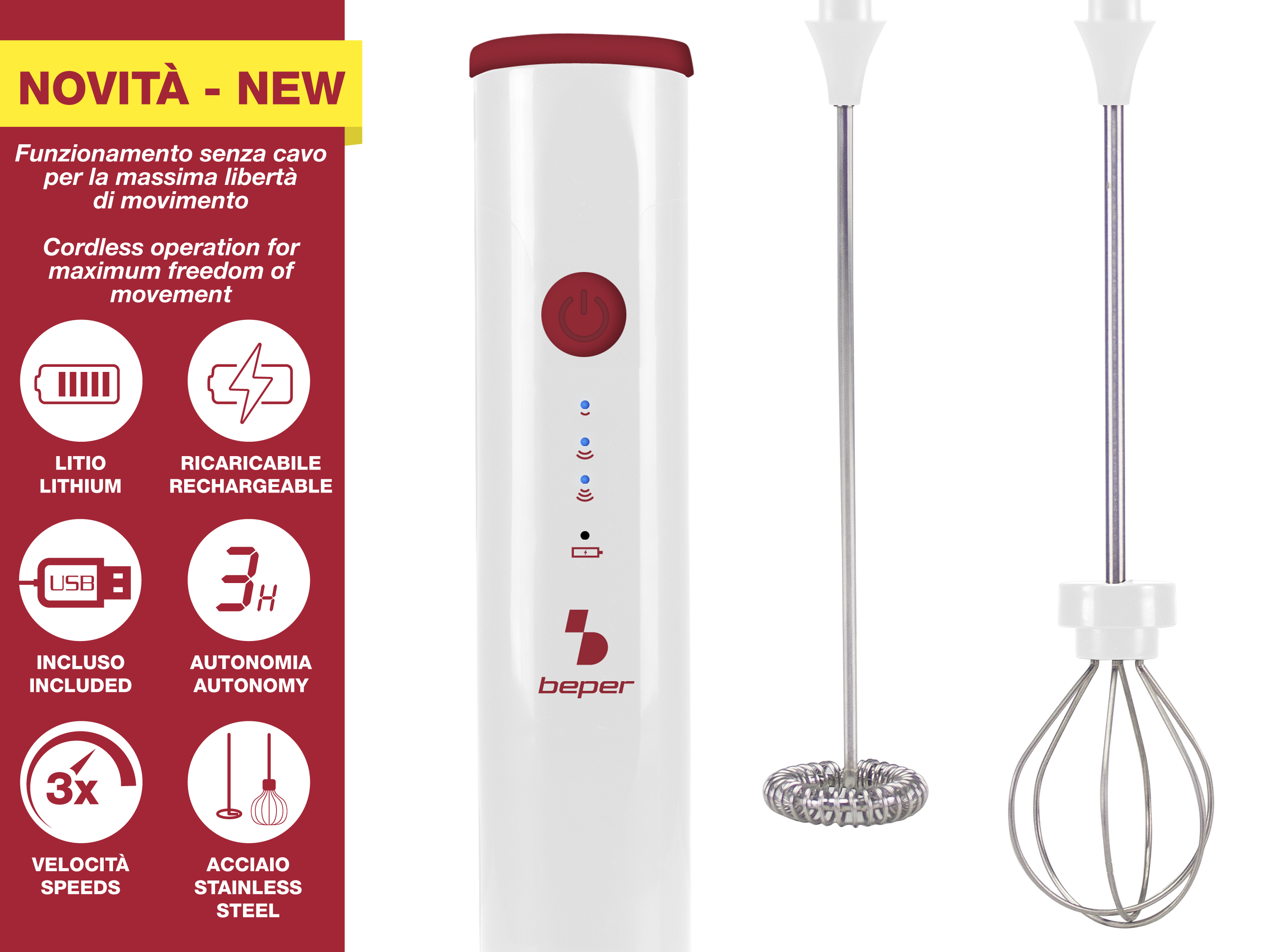 Un frullino bianco con pulsante rosso, due accessori e caratteristiche prodotto.