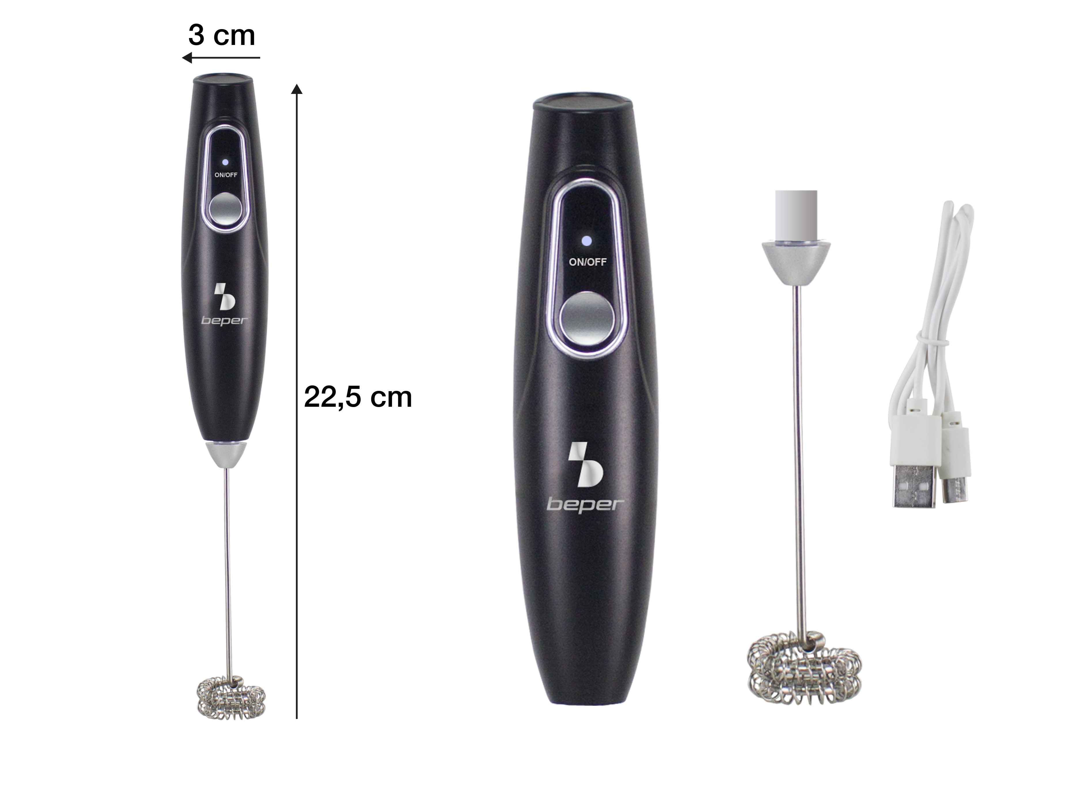 Mantecatore latte nero portatile con cavo USB e frusta in metallo.