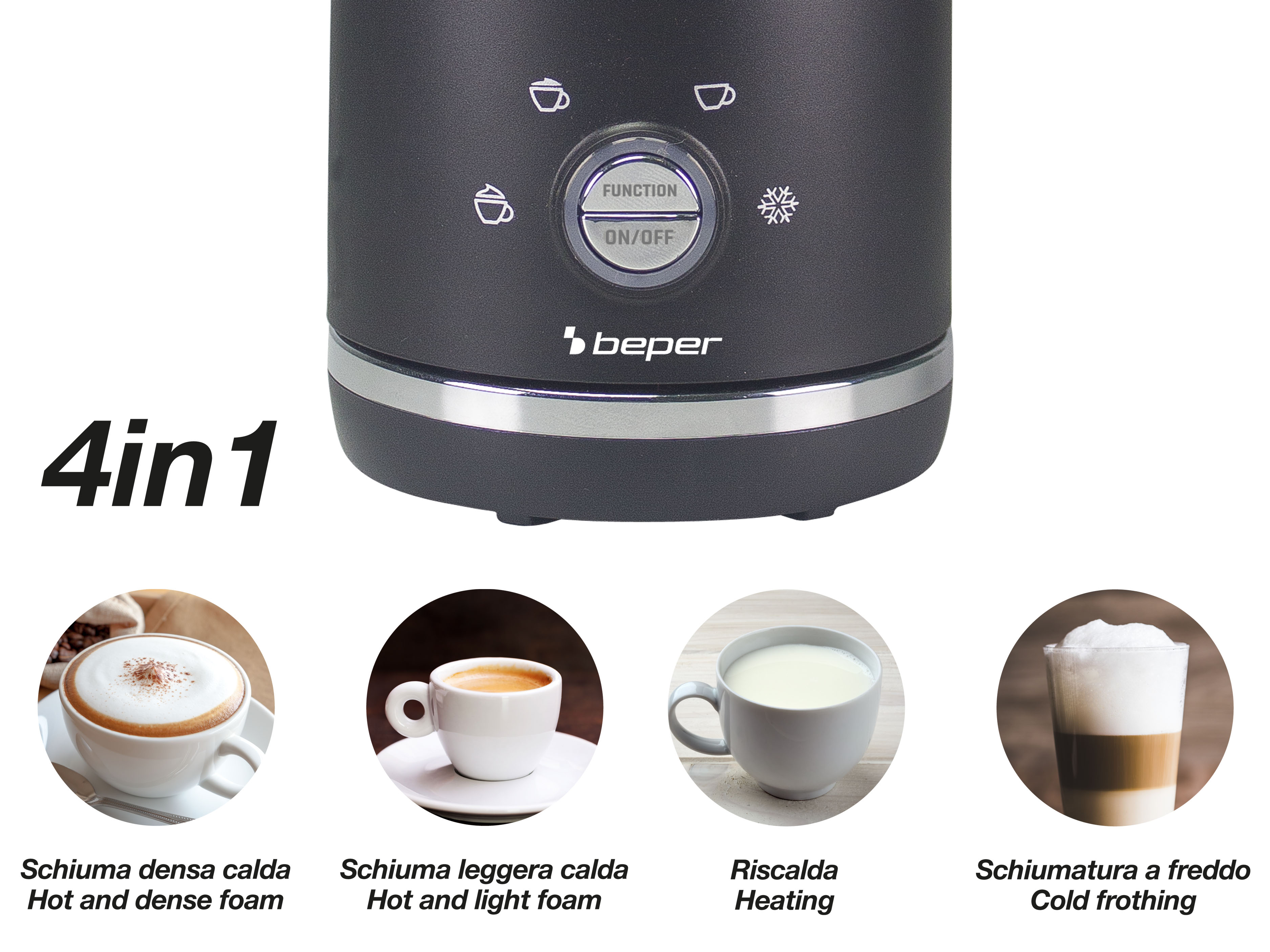Un montalatte 4 in 1 mostra schiuma calda densa, schiuma calda leggera, latte caldo e schiuma fredda.