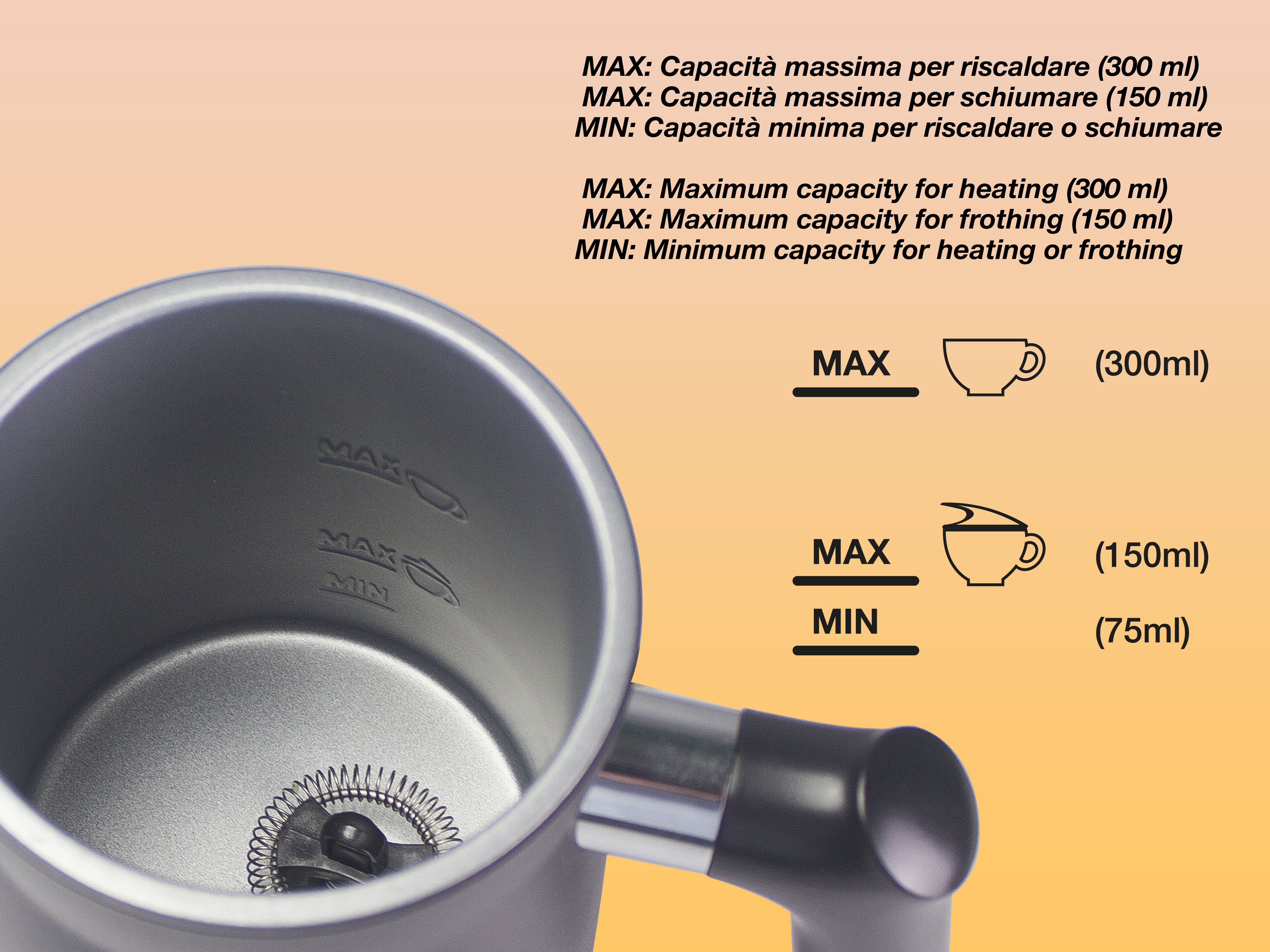 Montalatte con indicatori di capacità max e min (300ml/150ml/75ml).