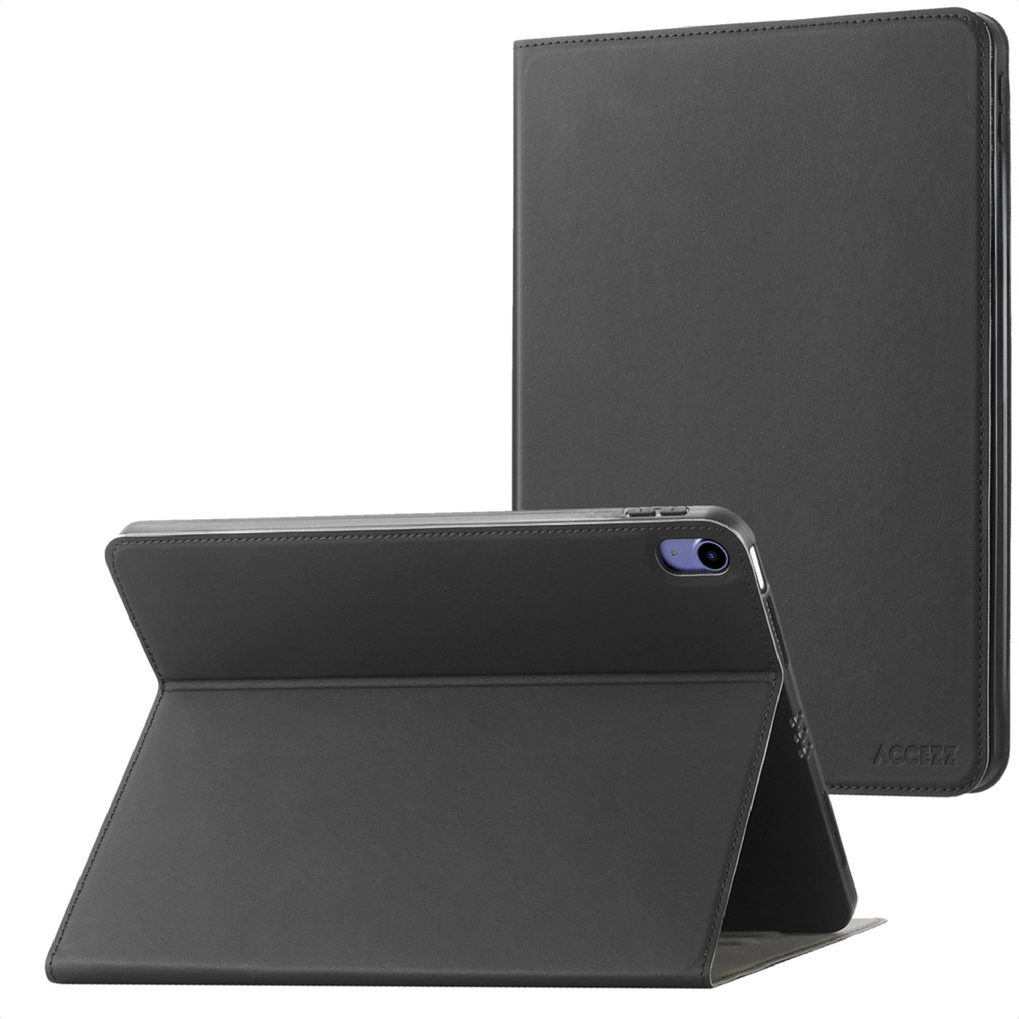 Étui noir pour tablette, montré fermé et ouvert avec fonction support.