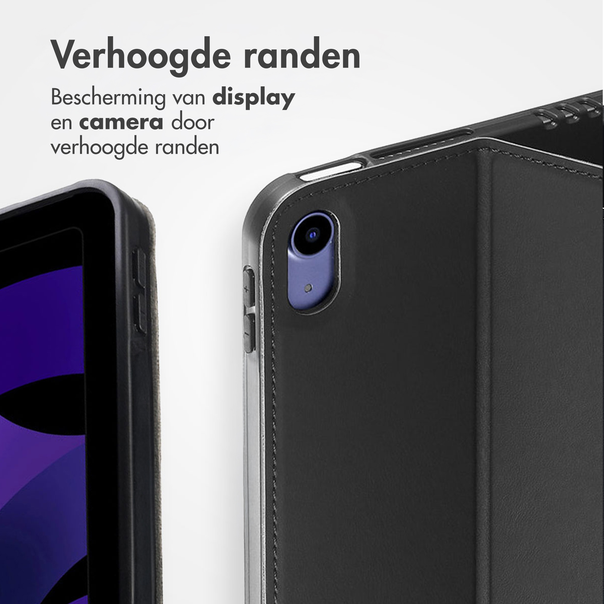 Une tablette noire avec bords surélevés protège l'écran et l'appareil photo.