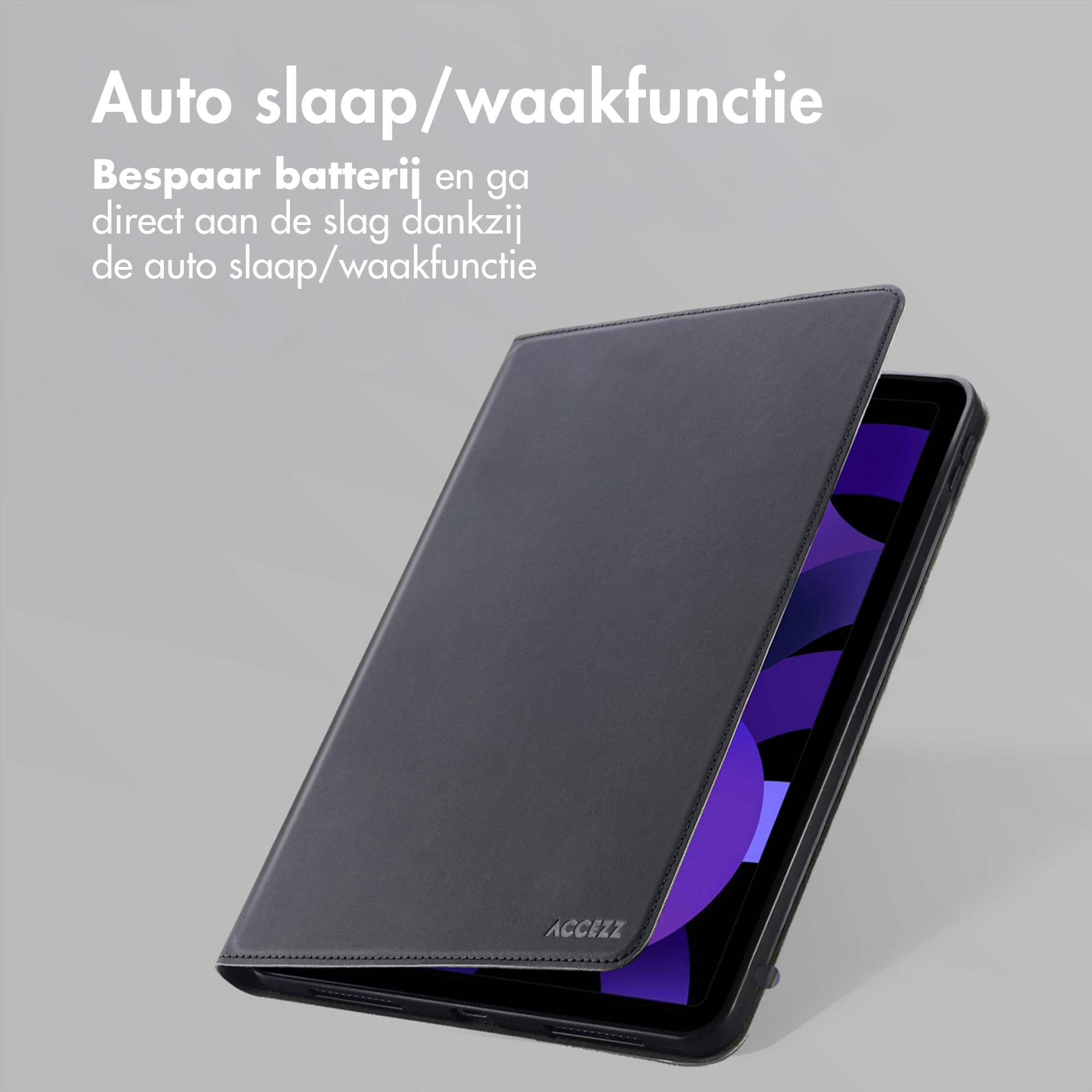 Un étui pour tablette gris foncé est ouvert, révélant une tablette à écran violet.