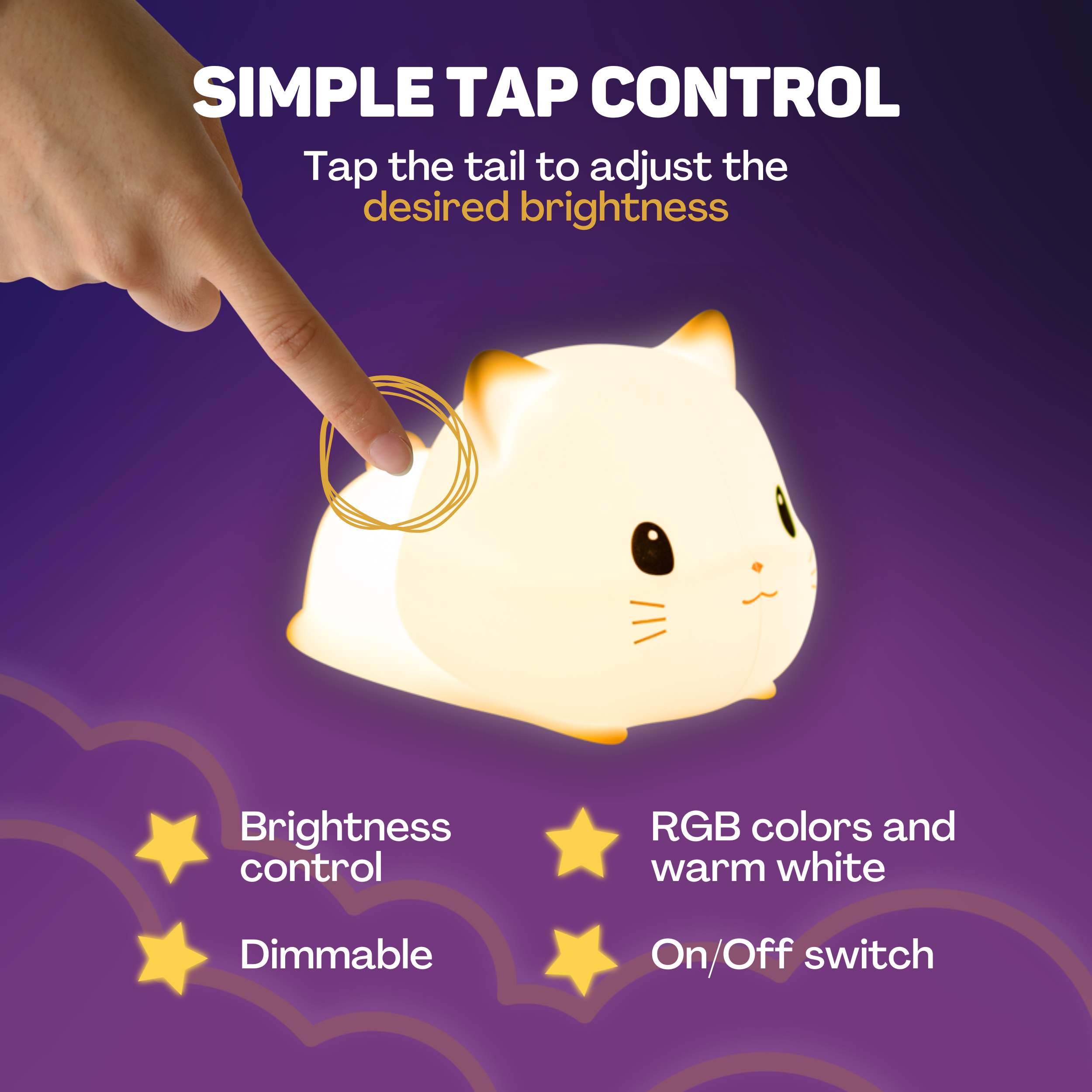 Eine Hand tippt auf den Schwanz einer leuchtenden Katze. Helligkeit, Dimmbarkeit, RGB-Farben.