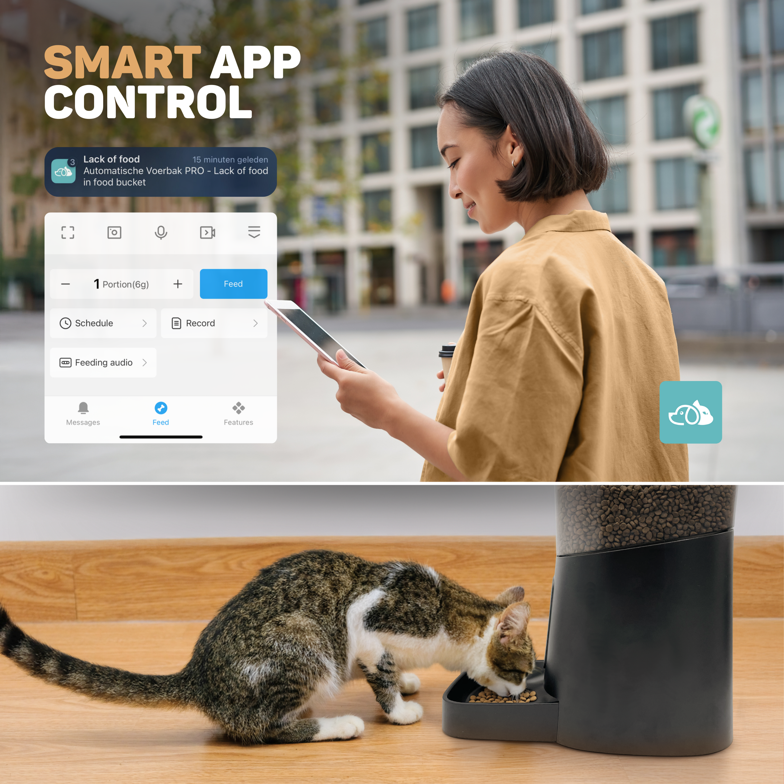 Eine Frau bedient eine Futter-App, während eine Katze frisst.