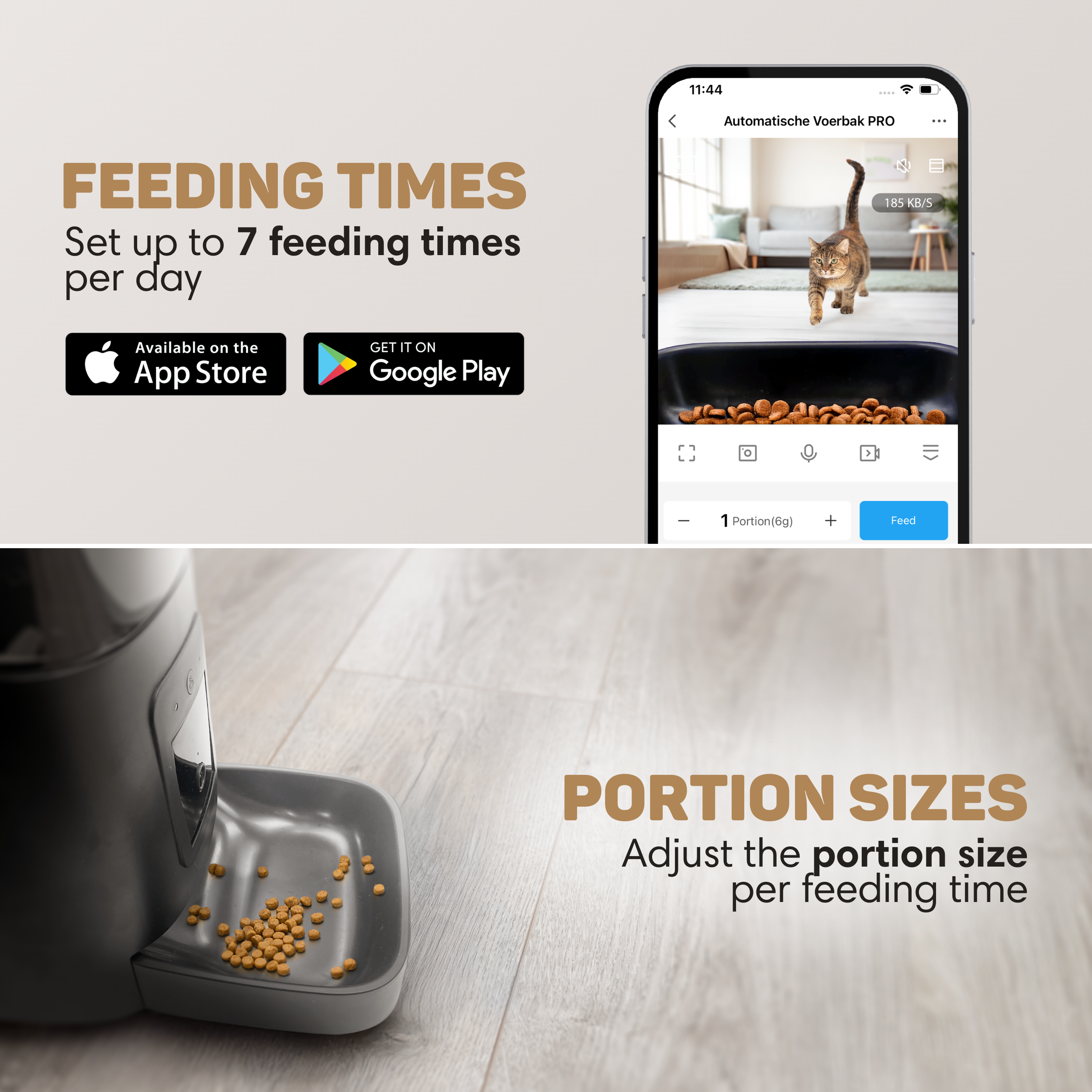 Automatische Futterspender-App zeigt Futtermenge an. Daneben ein Futterspender mit Granulat.