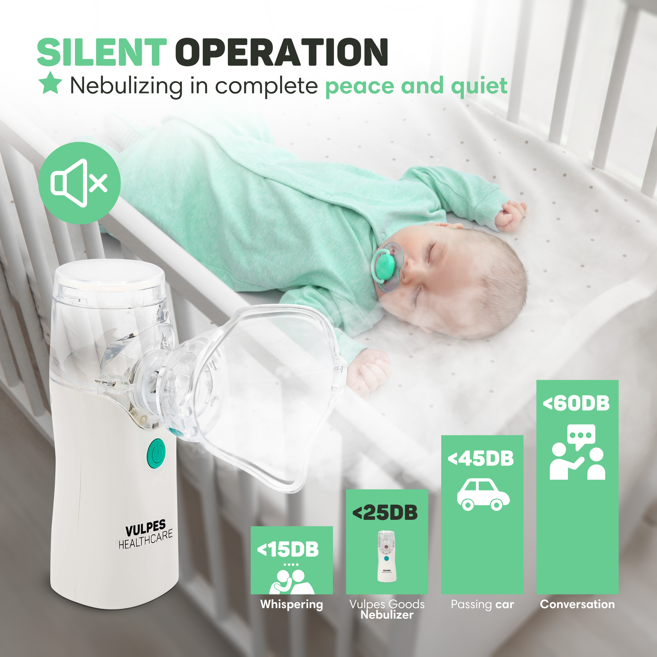 Ein weißer Vernebler steht neben einem schlafenden Baby im Bett. Schallpegel werden verglichen.