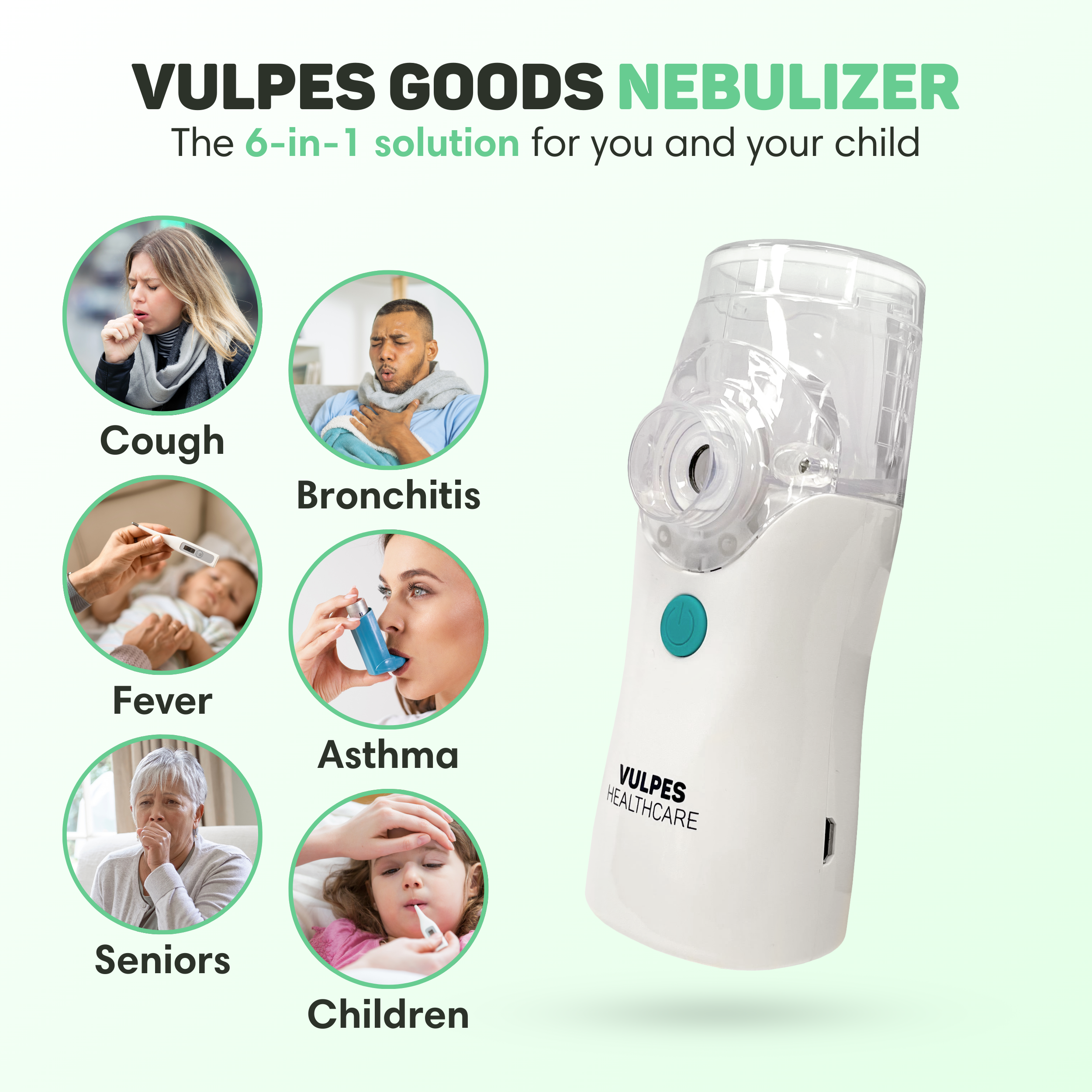 Ein weißer Vernebler mit Bildern von Husten, Bronchitis, Fieber, Asthma, Senioren und Kindern.