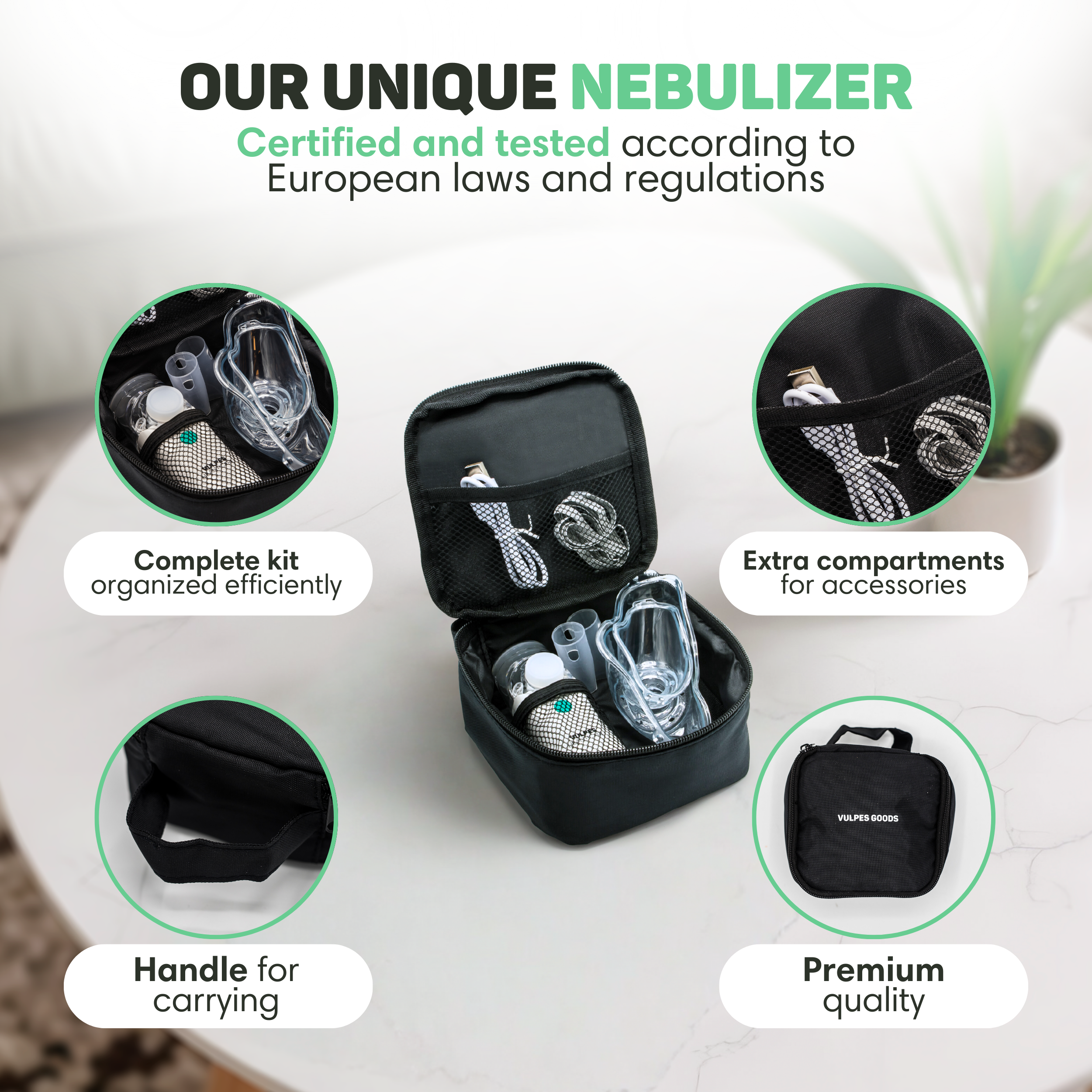 Ein schwarzes Neopren-Etui mit medizinischem Zubehör, zertifiziert nach EU-Standards.