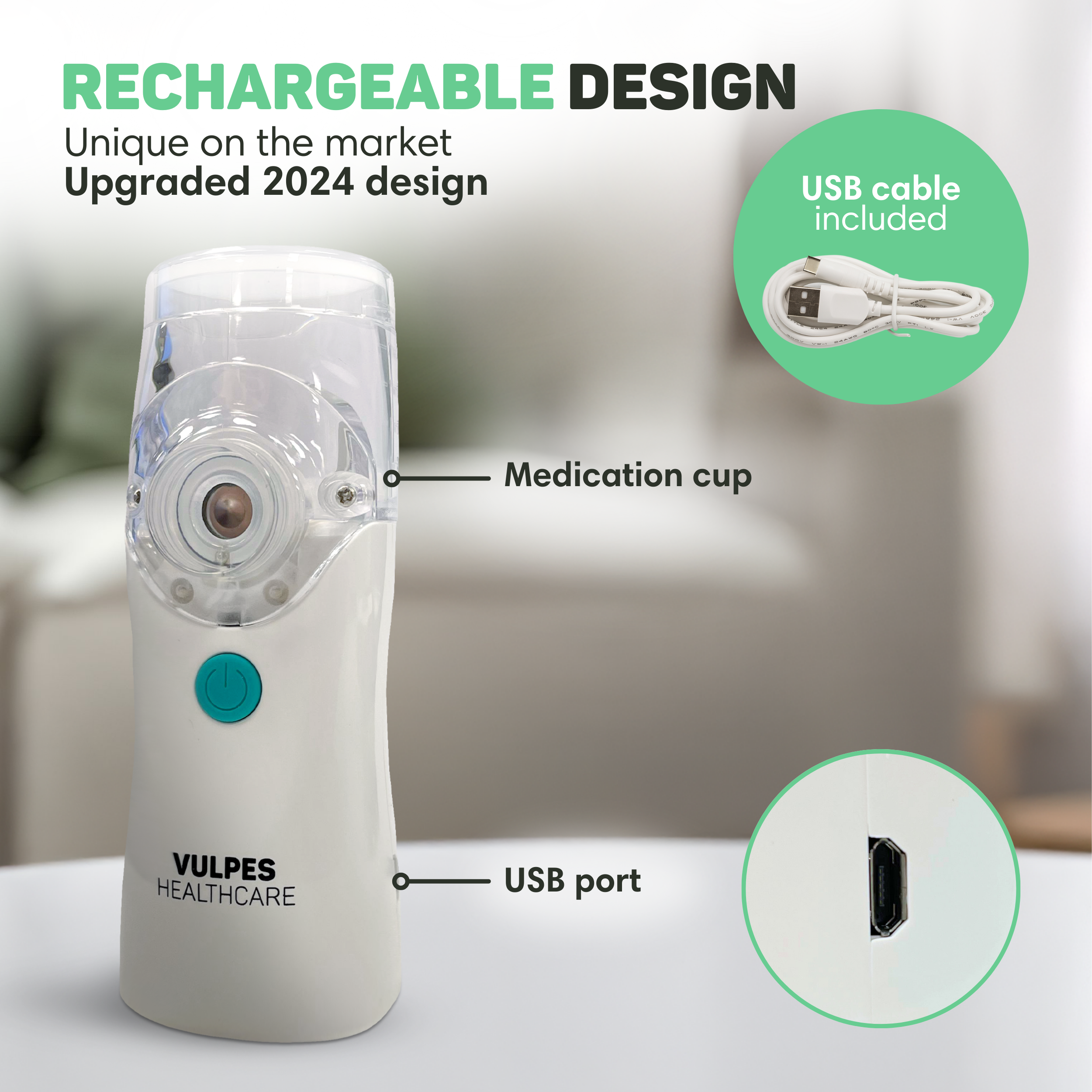 Ein weißer Inhalator mit Medikamentenbecher, USB-Anschluss und Kabel.
