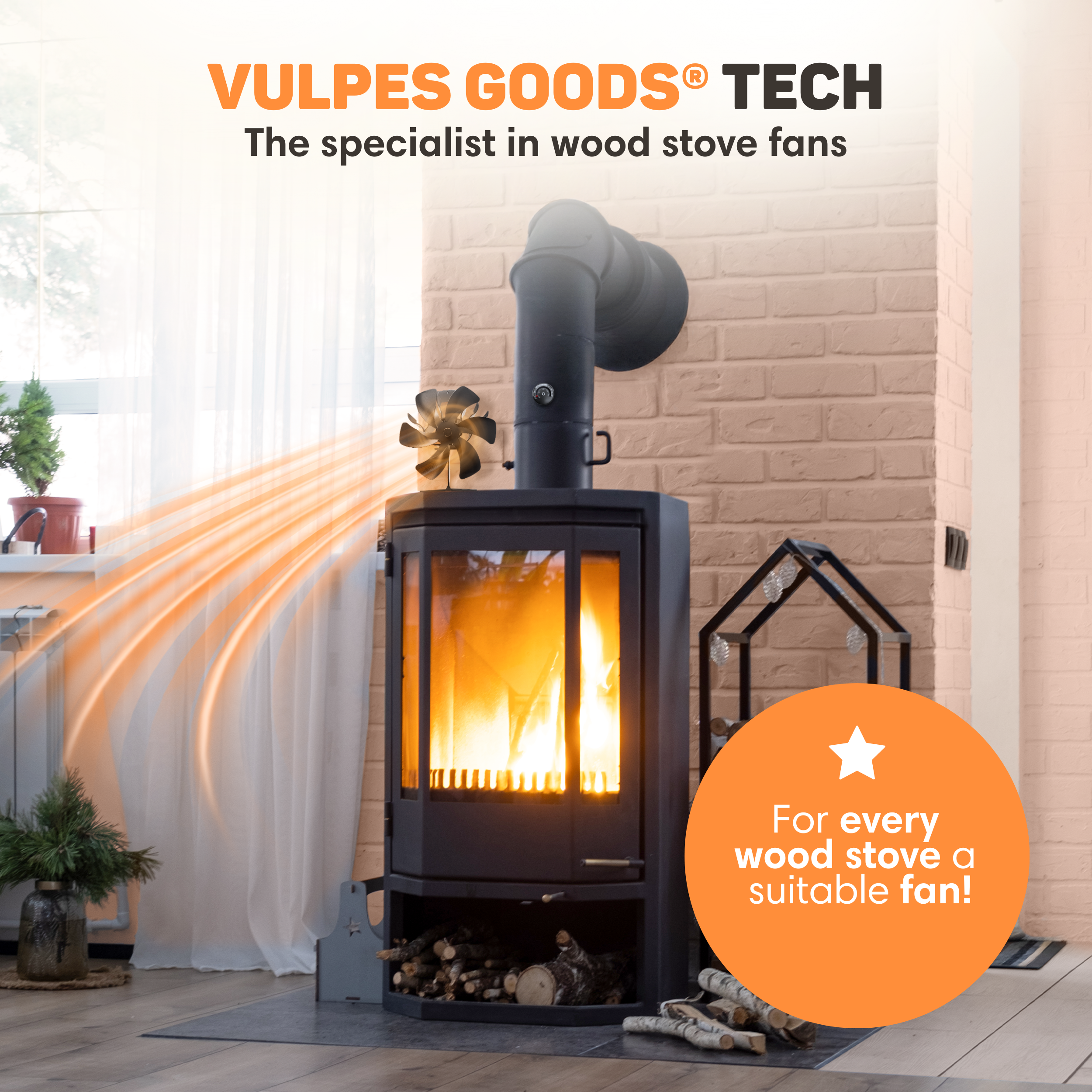 Een metalen kachelventilator op een zwarte houtkachel, die warmte verspreidt.