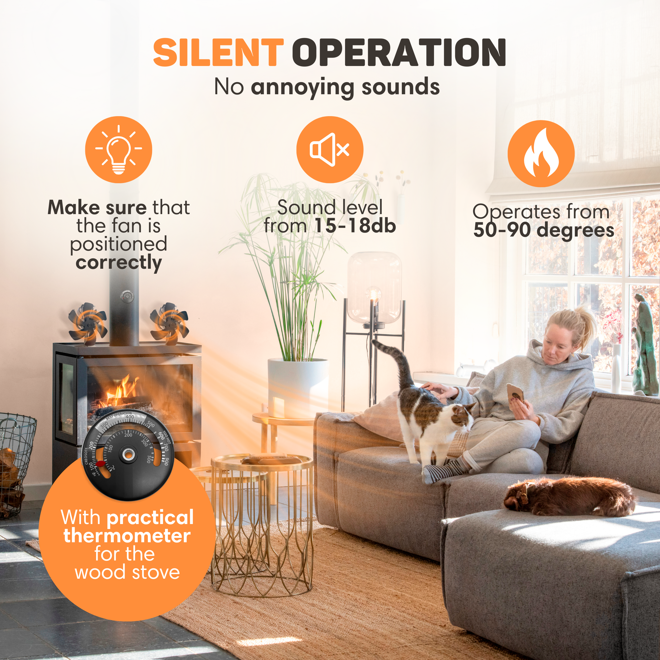 Houtkachel met ventilatoren, thermometer en een vrouw met katten. Stille werking.