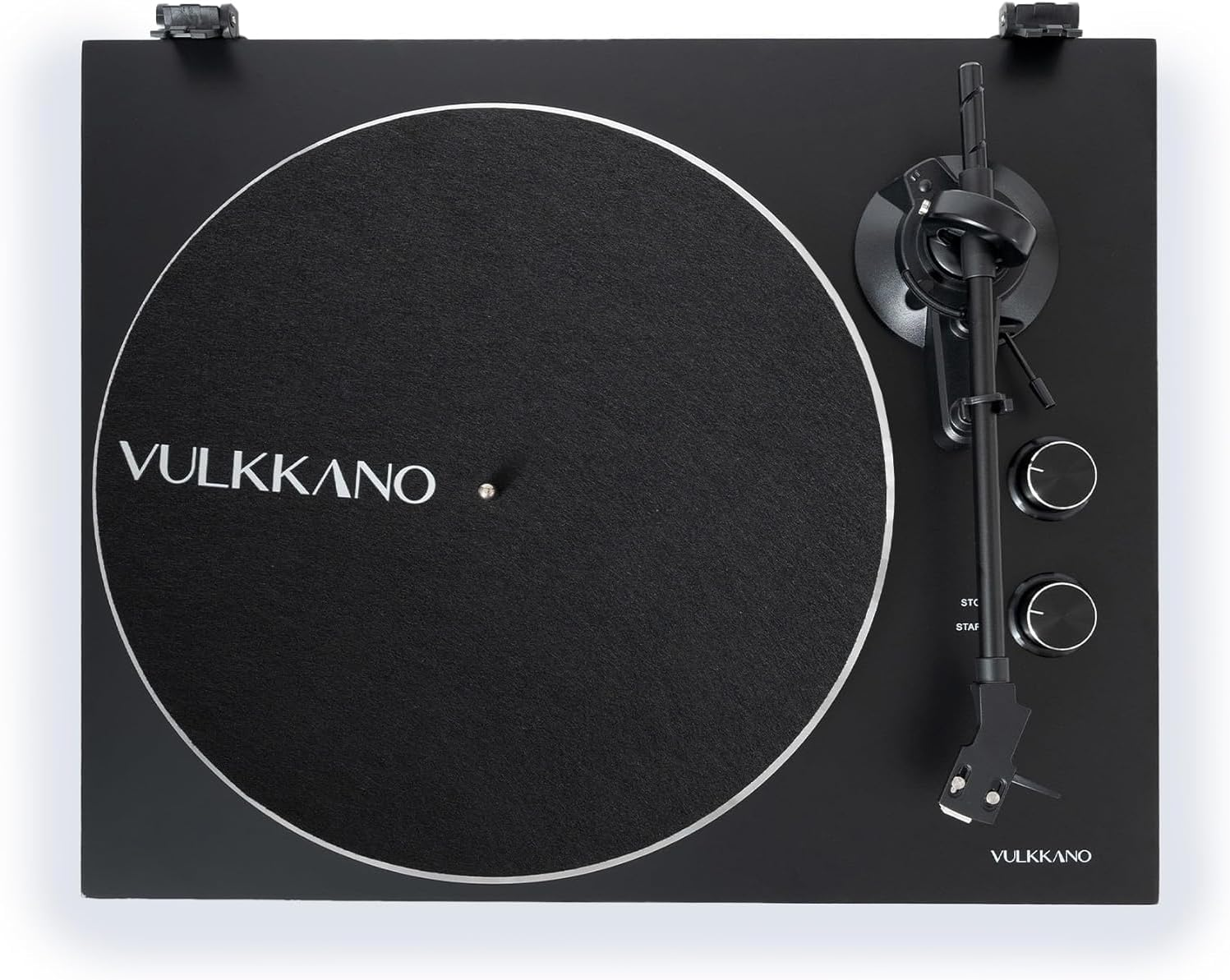Tocadiscos negro con brazo de lectura y logo "VULKKANO".