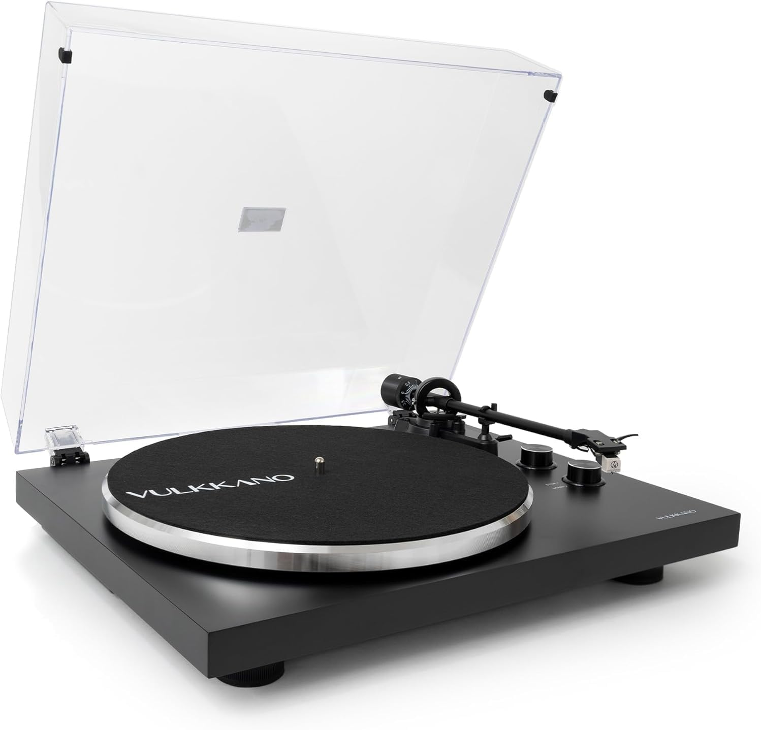Tocadiscos negro con tapa transparente abierta, mostrando plato y brazo.