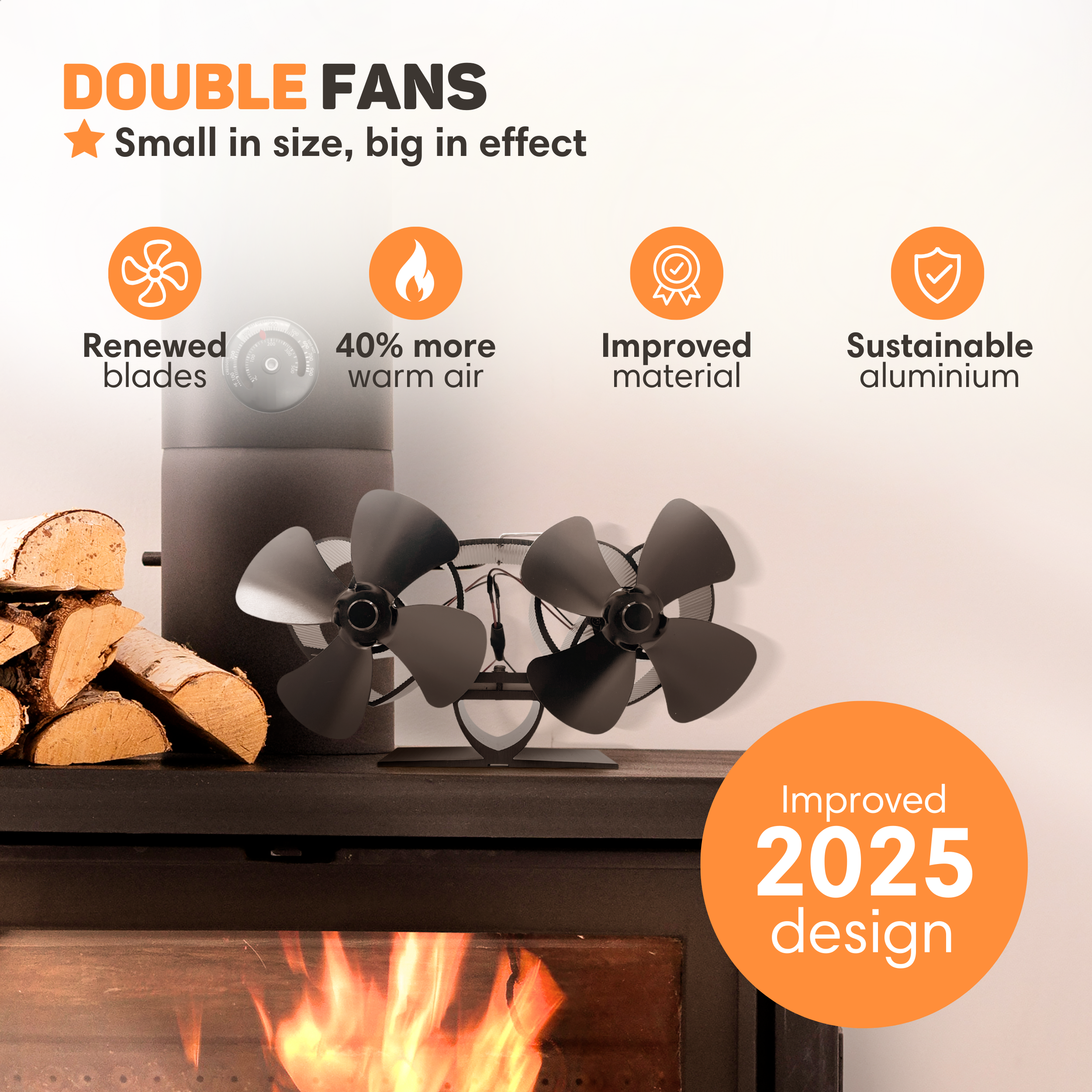 Double fan above a fireplace with logs beside it.