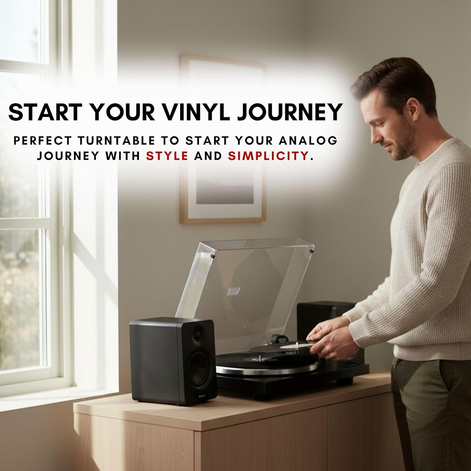 Hombre pone un disco de vinilo en un tocadiscos.