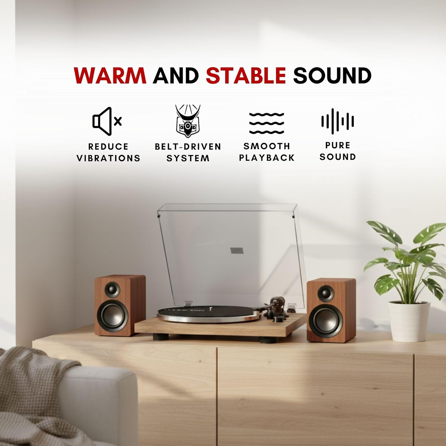 Tocadiscos con altavoces y plantas en un mueble de madera, con texto.