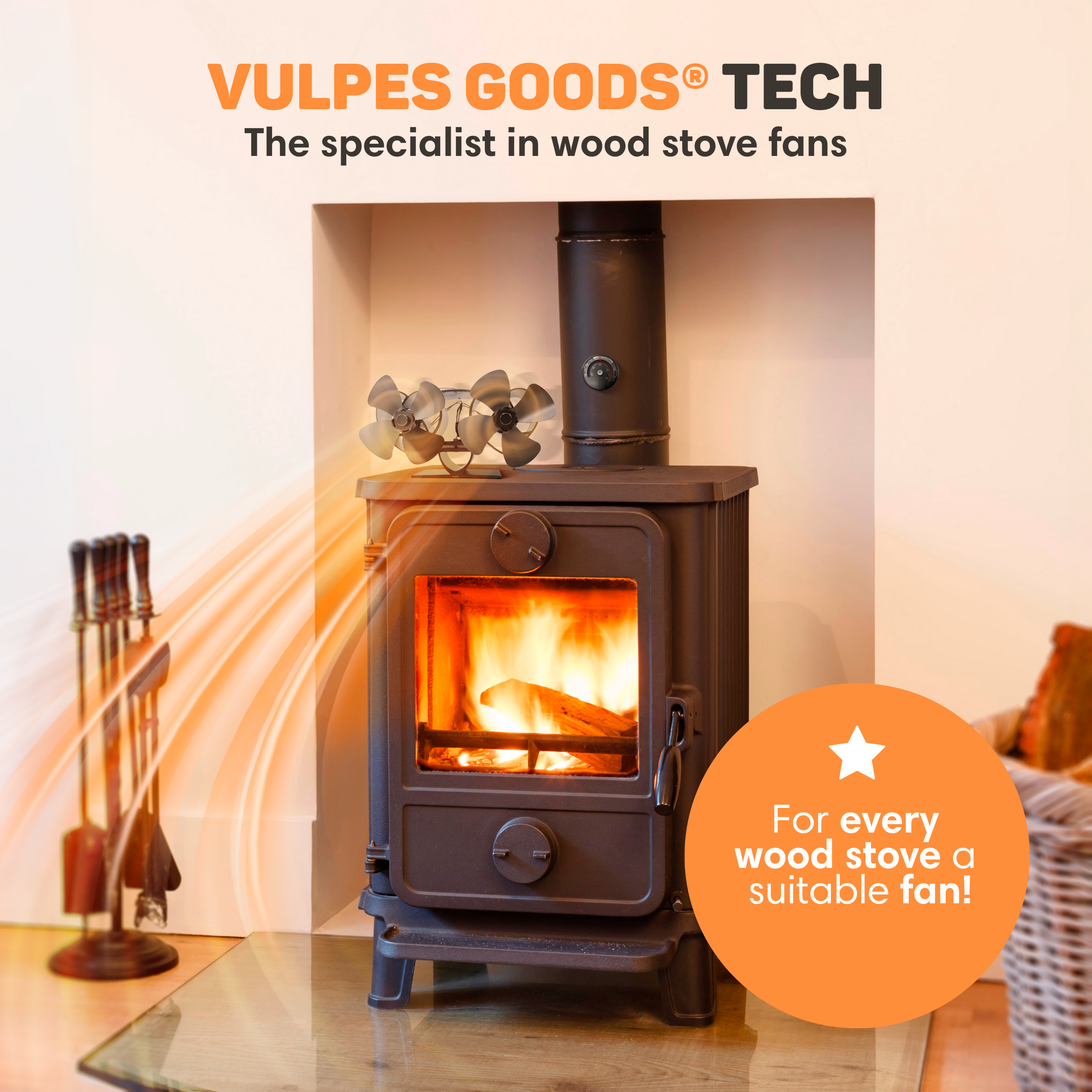 A wood stove with a fire and fans, advertised as "VULPES GOODS TECH".