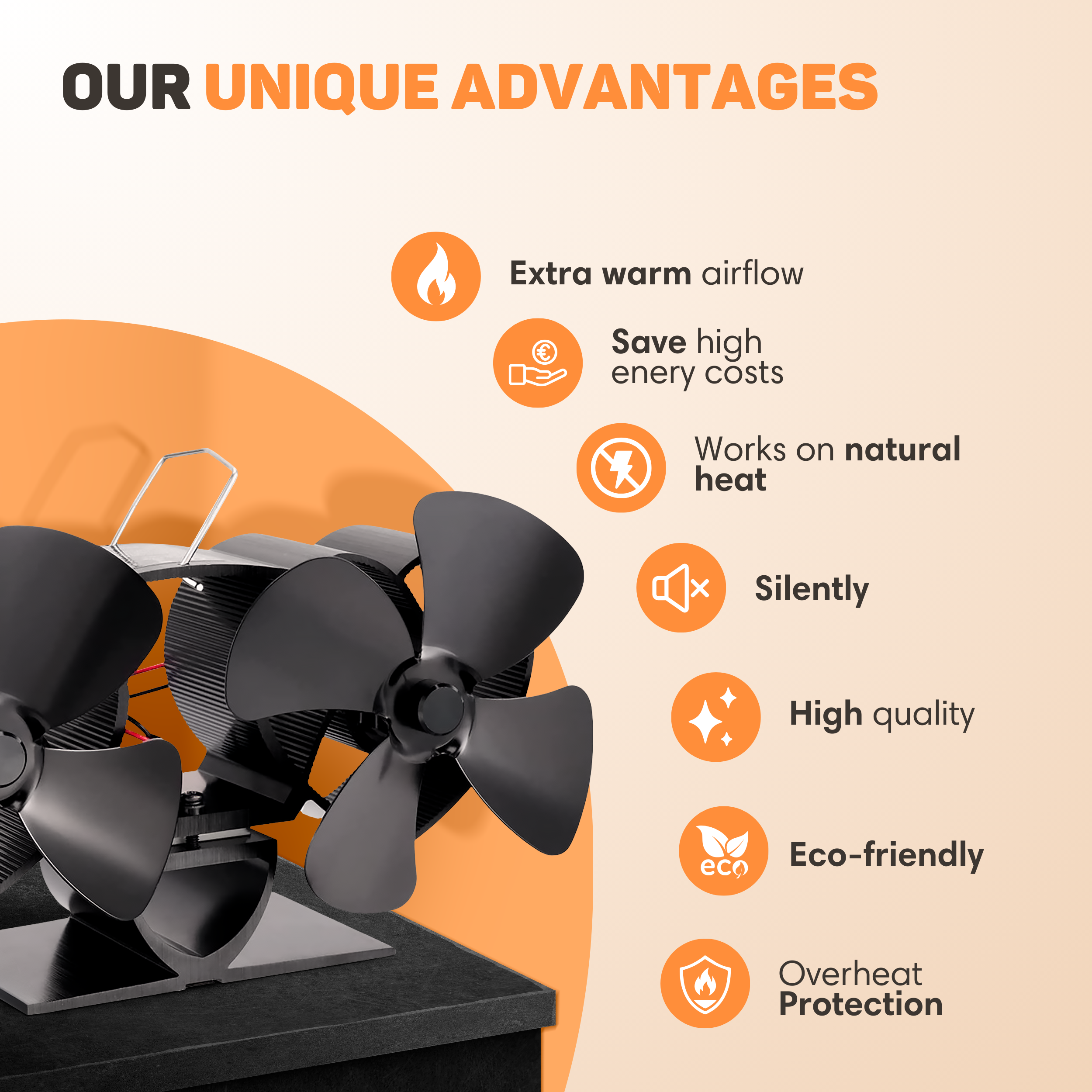 Two black fans with orange icons and text listing advantages.