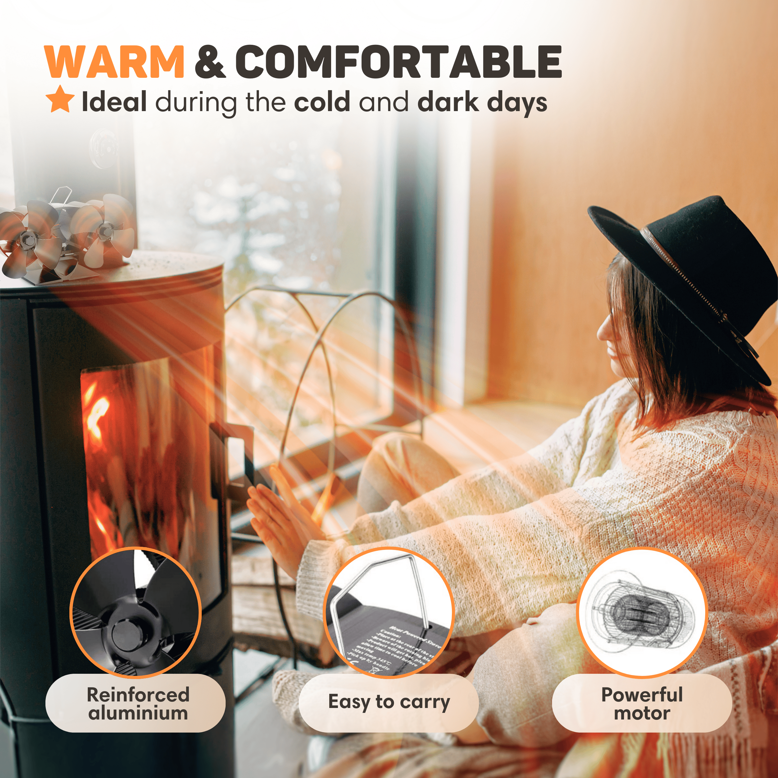 Woman in hat sits by a warm stove with fans and text overlays.
