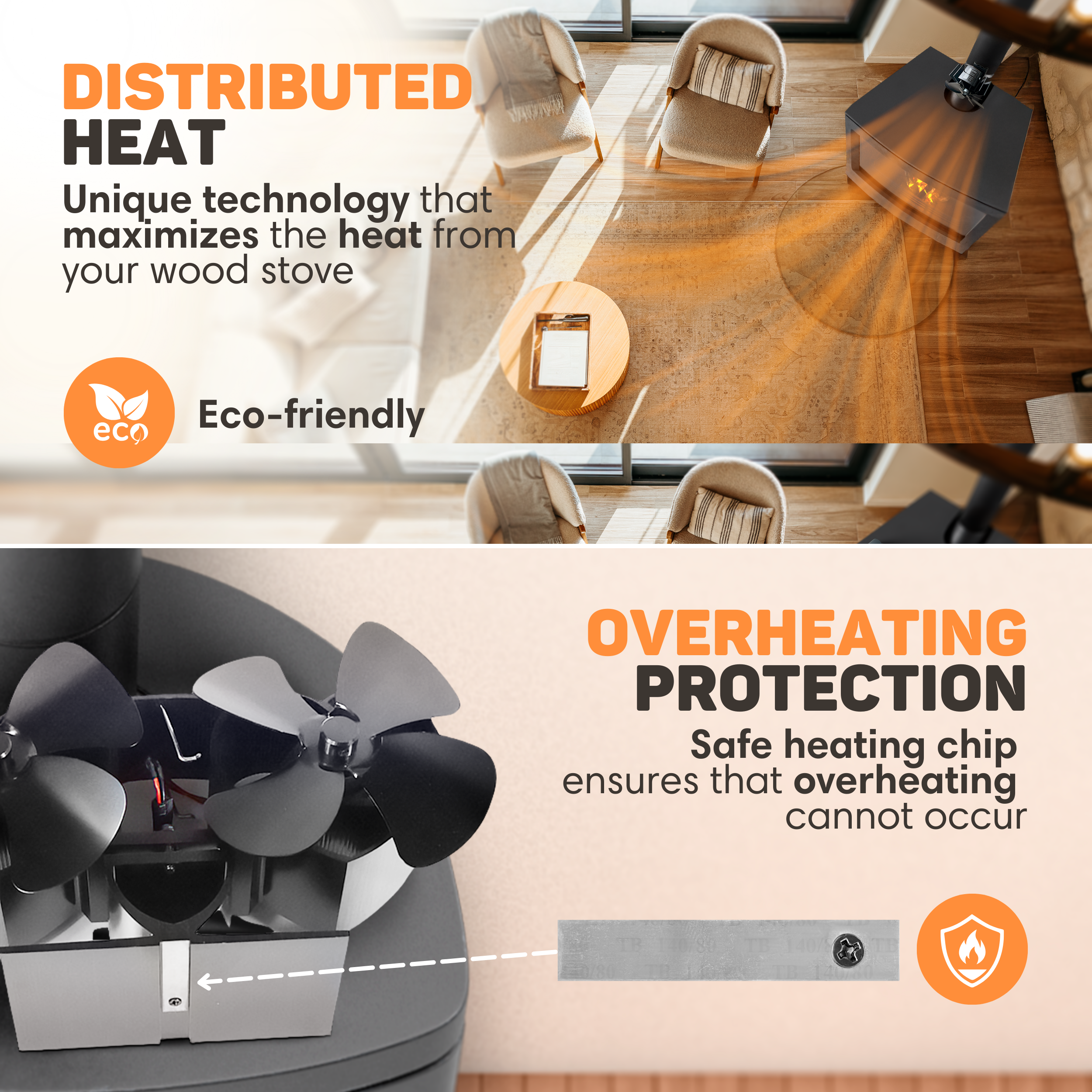 A wood stove with a fan distributes heat. A chip protects against overheating.