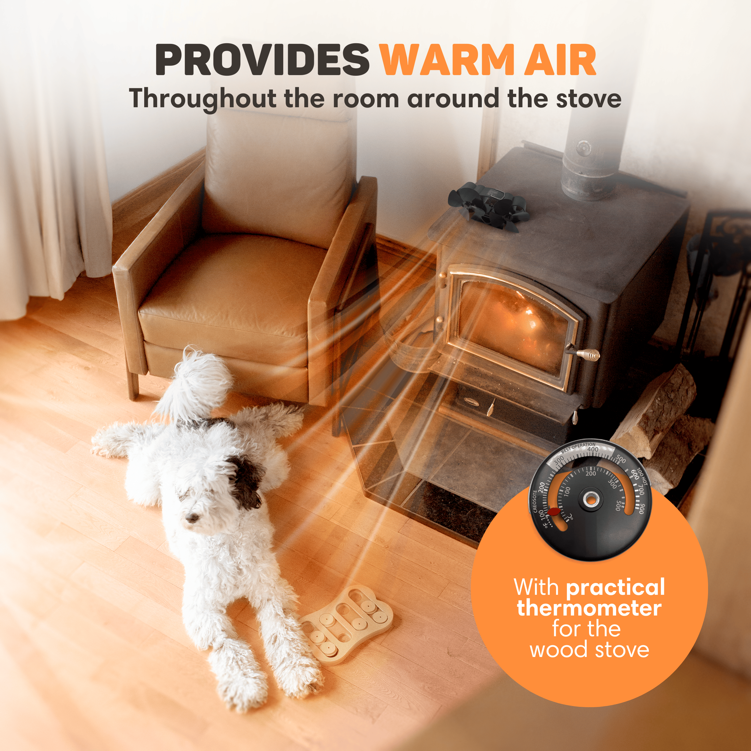 A dog lies on the floor next to a wood stove with a thermometer.