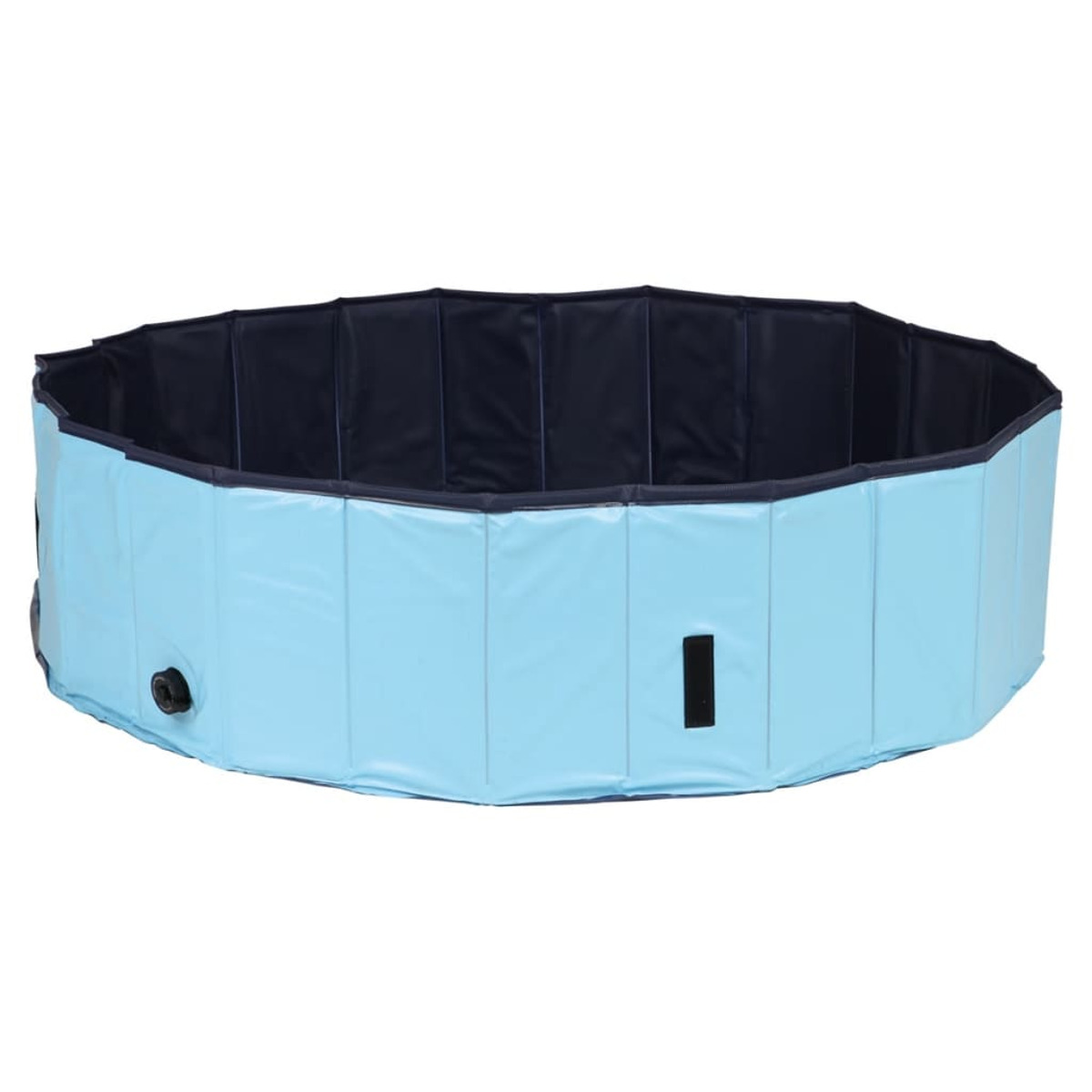 Una piscina per bambini pieghevole azzurra con rivestimento interno scuro.