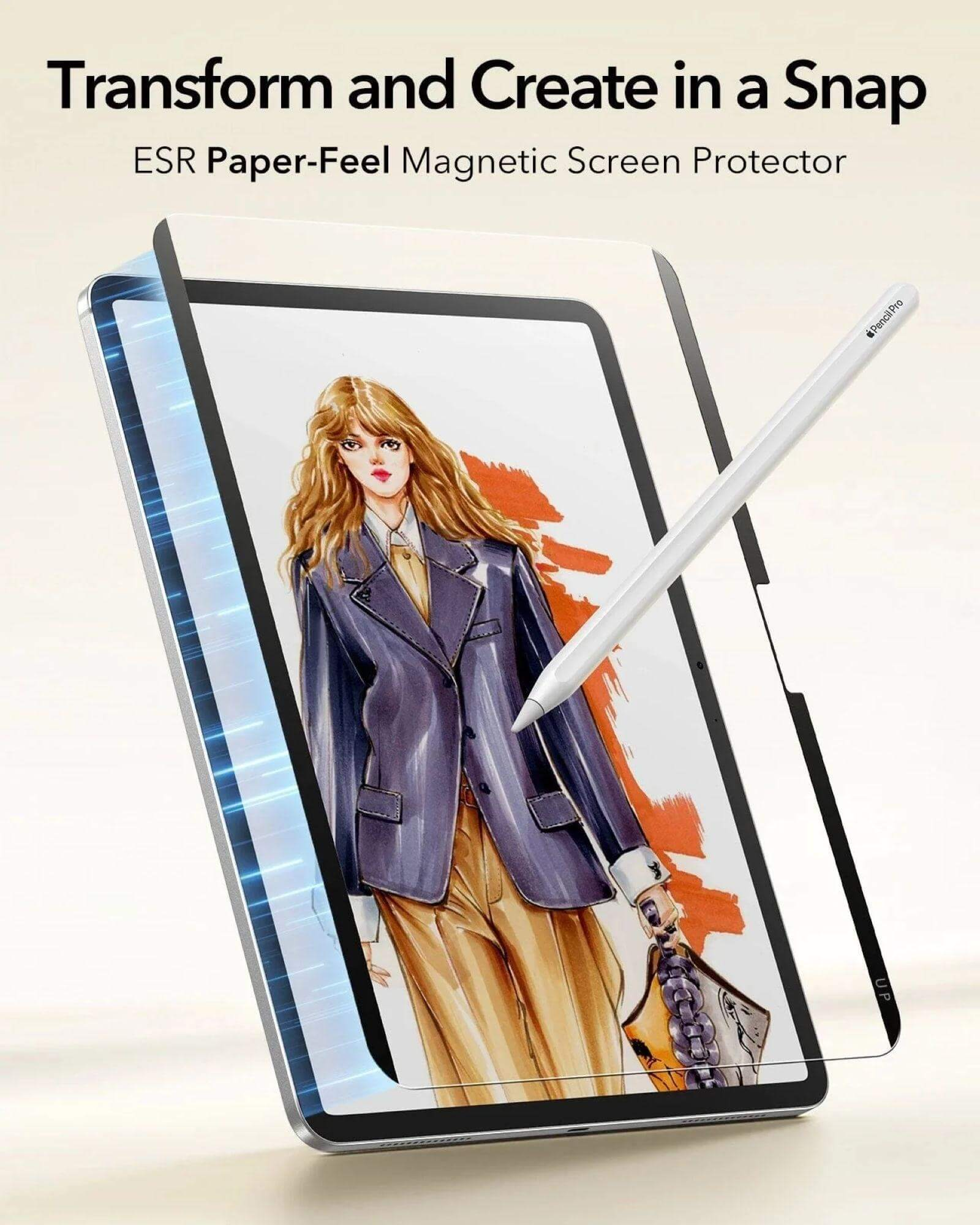 Une tablette affiche un croquis de mode, avec un stylet à proximité.