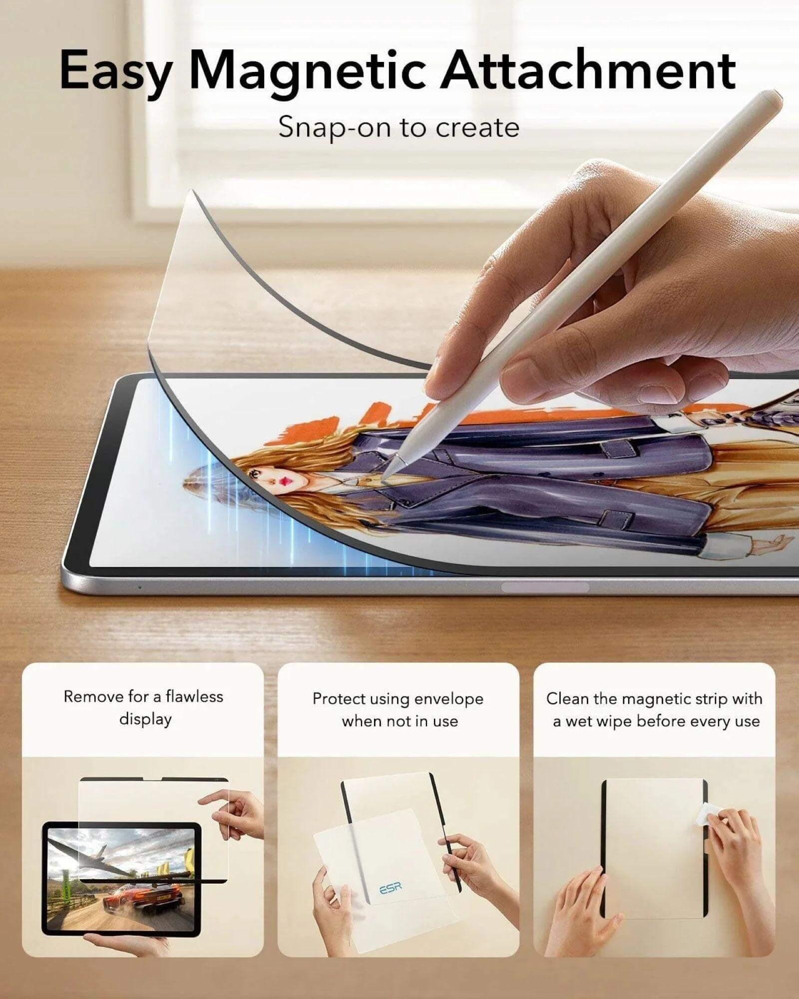 Une main tient un stylet sur une tablette avec un écran magnétique attaché.