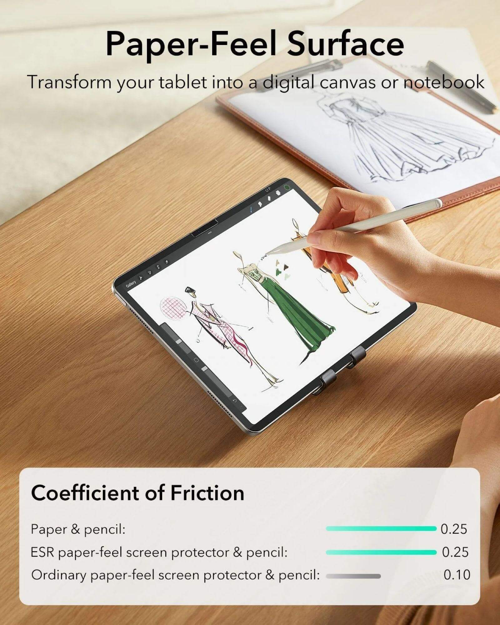 Personne dessinant avec un stylet sur une tablette à surface papier.