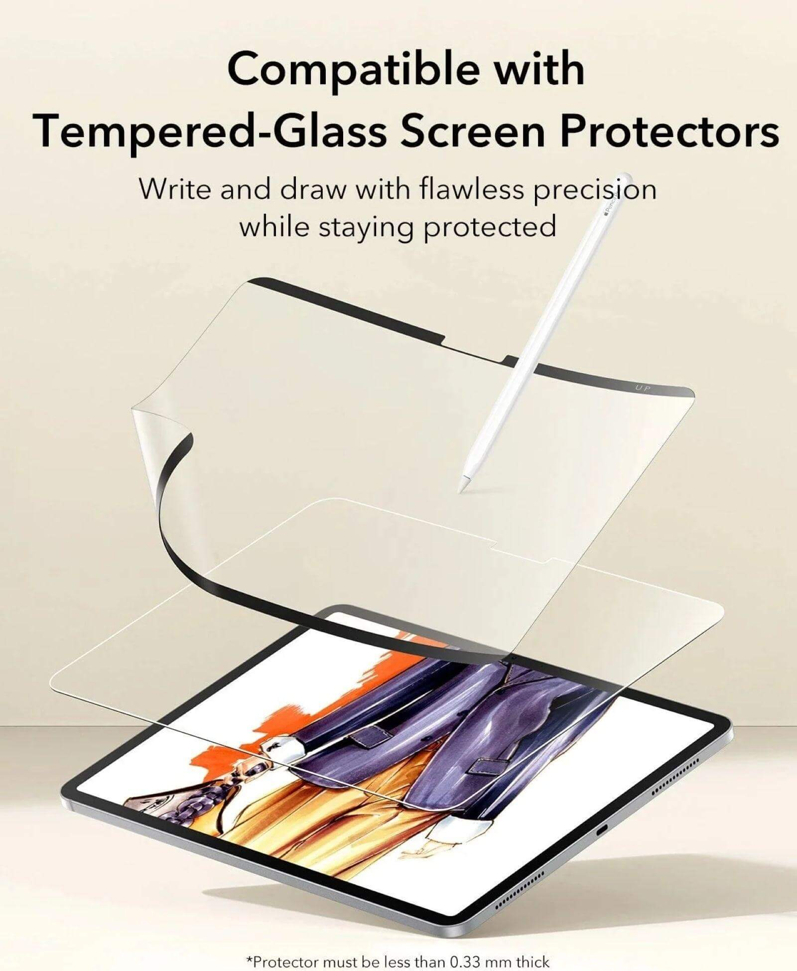 Une tablette avec protecteur d'écran et stylet. Un design de mode à l'écran.