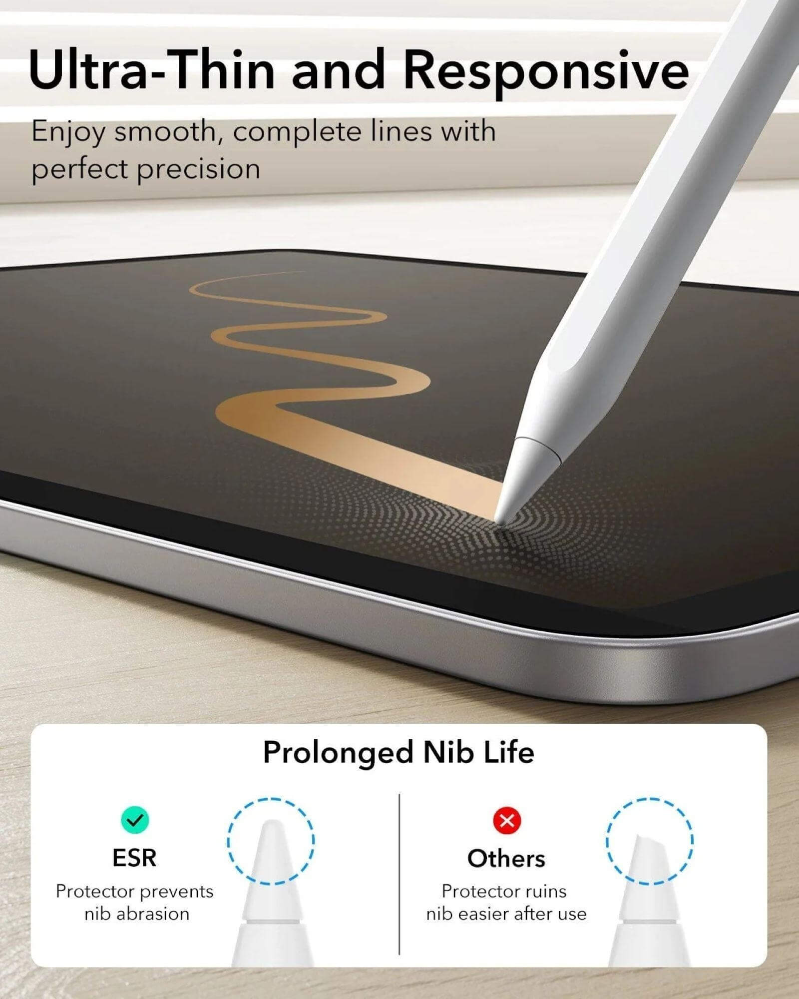 Un stylet blanc trace une ligne dorée sur une tablette. Ci-dessous, comparaison de pointes.