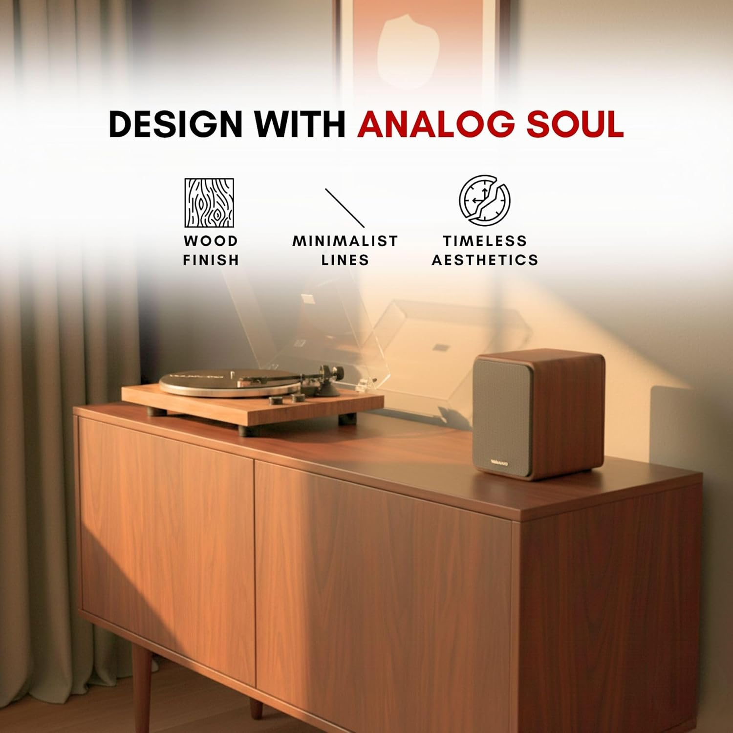 Un tocadiscos y altavoz en un mueble de madera con el encabezado 'DISEÑO CON ALMA ANALÓGICA'.