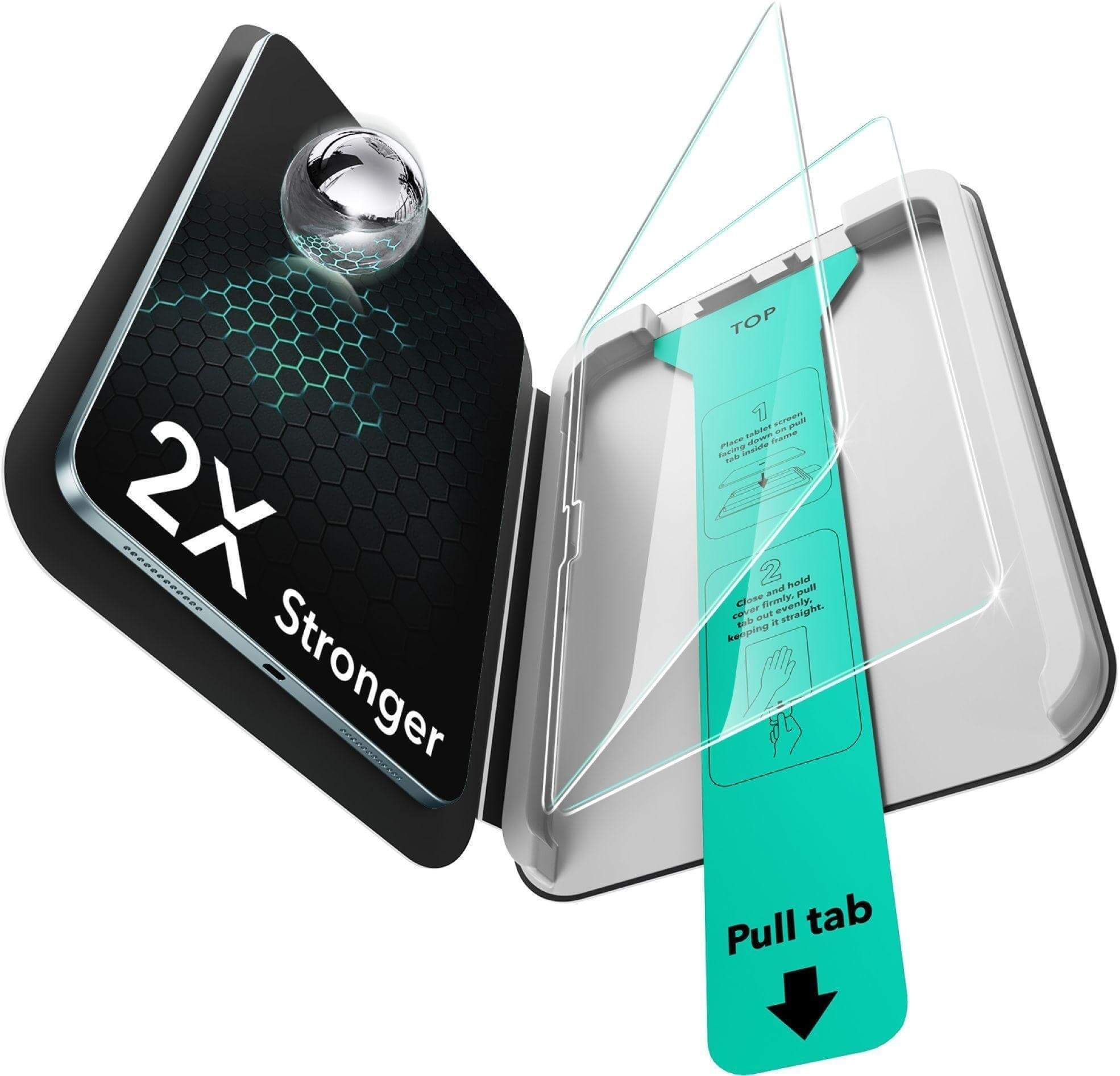 Schwarzer Bildschirm-Schutz mit "2X Stronger" und Installationsanleitung.
